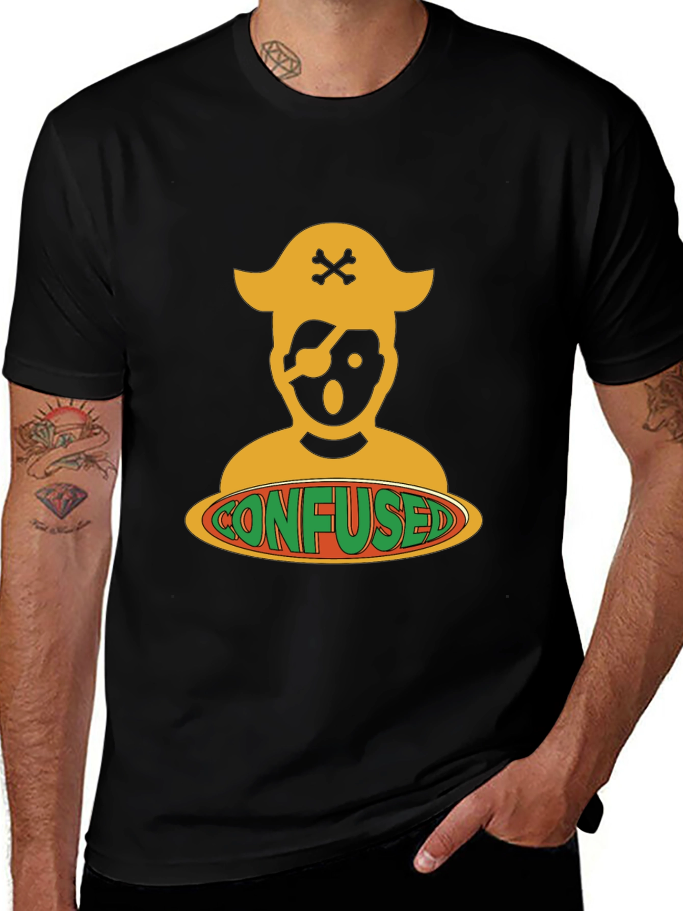 Confused Pirate Graphic Tee - Black Cotton Blend
