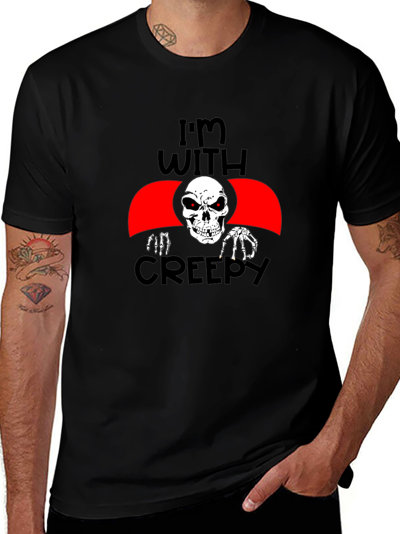 Im With Creepy Skeleton Graphic Tee - Halloween Fun