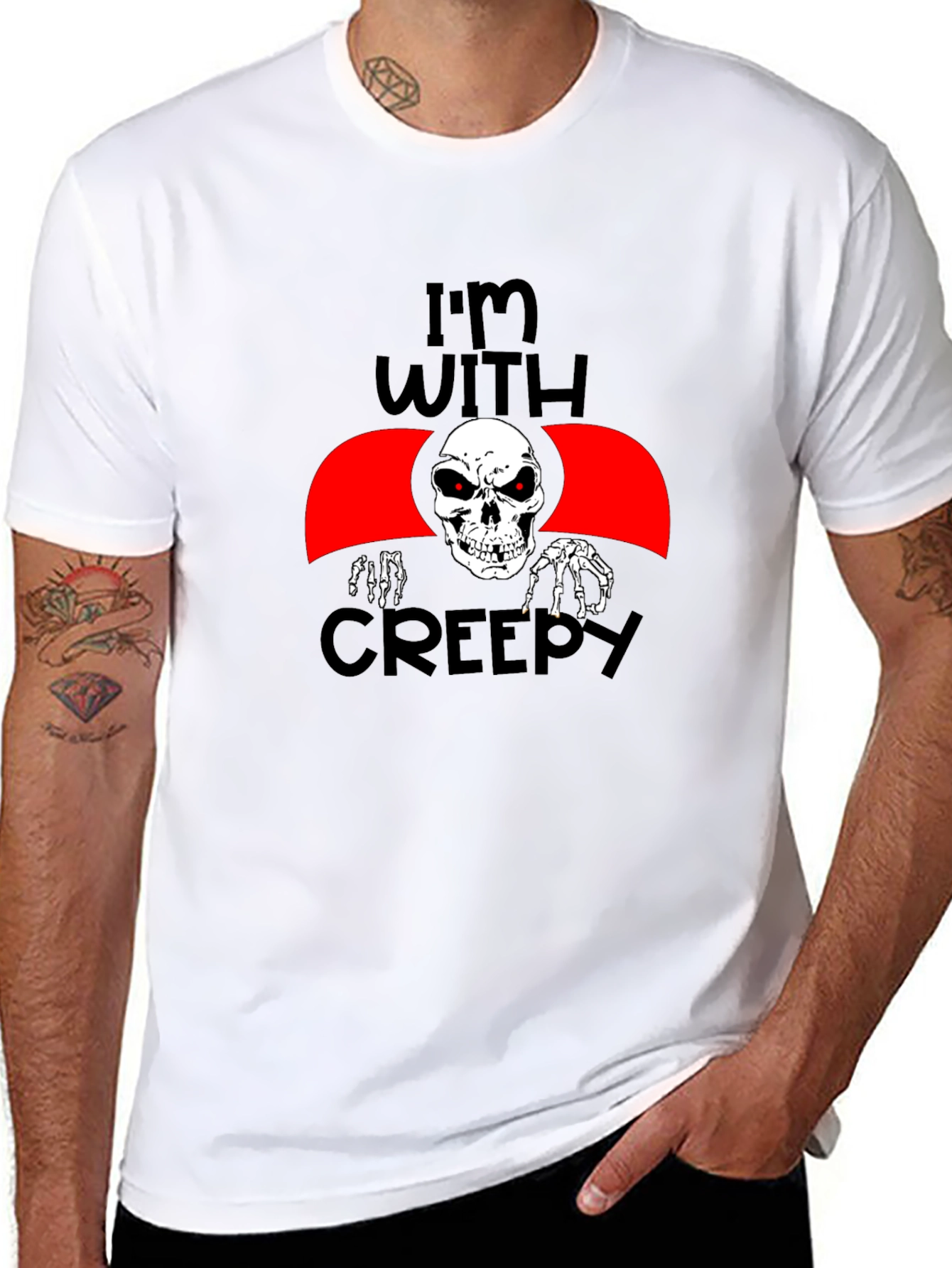 Im With Creepy Skeleton Graphic Tee - Halloween Fun