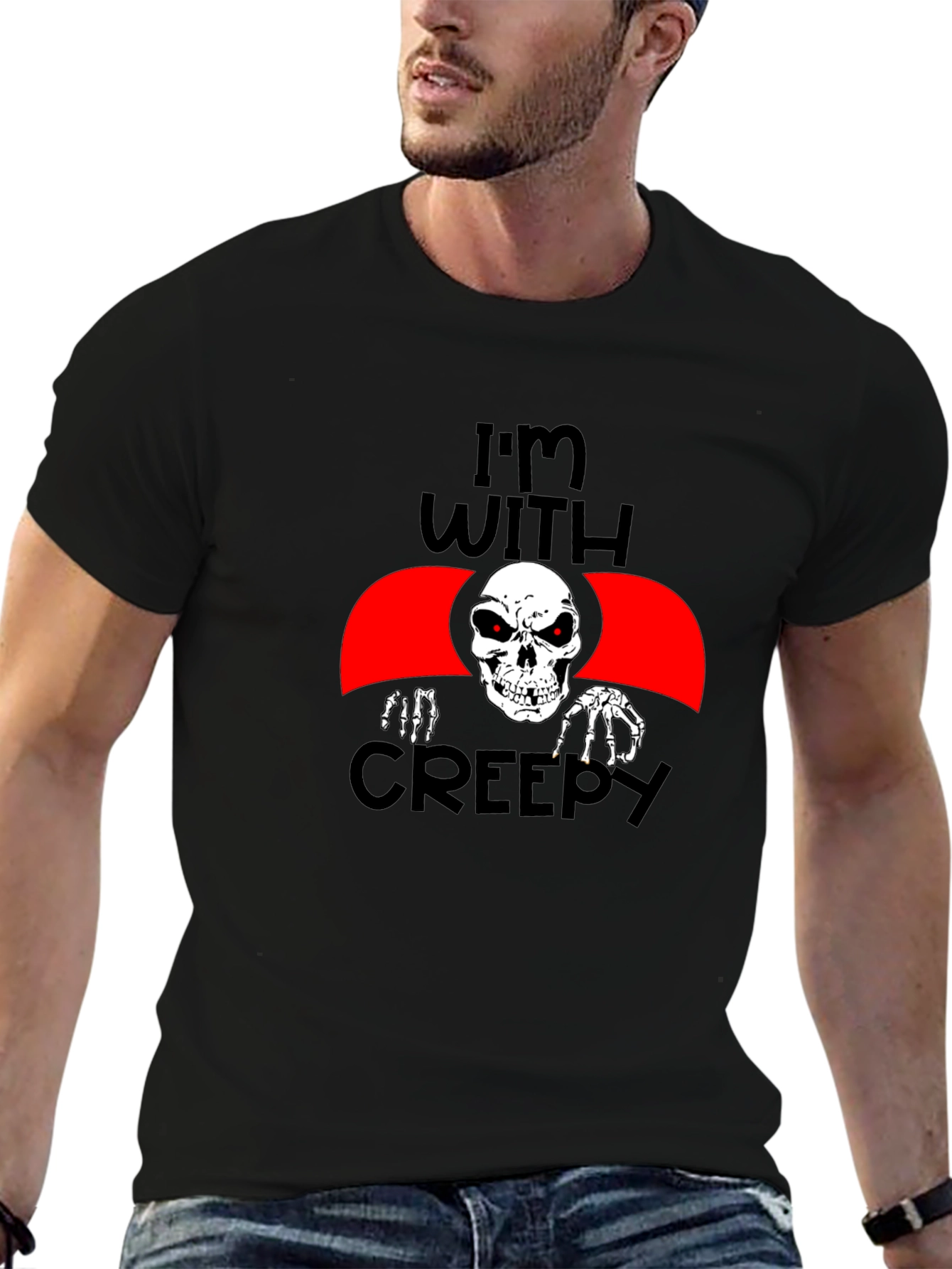 Im With Creepy Skeleton Graphic Tee - Halloween Fun