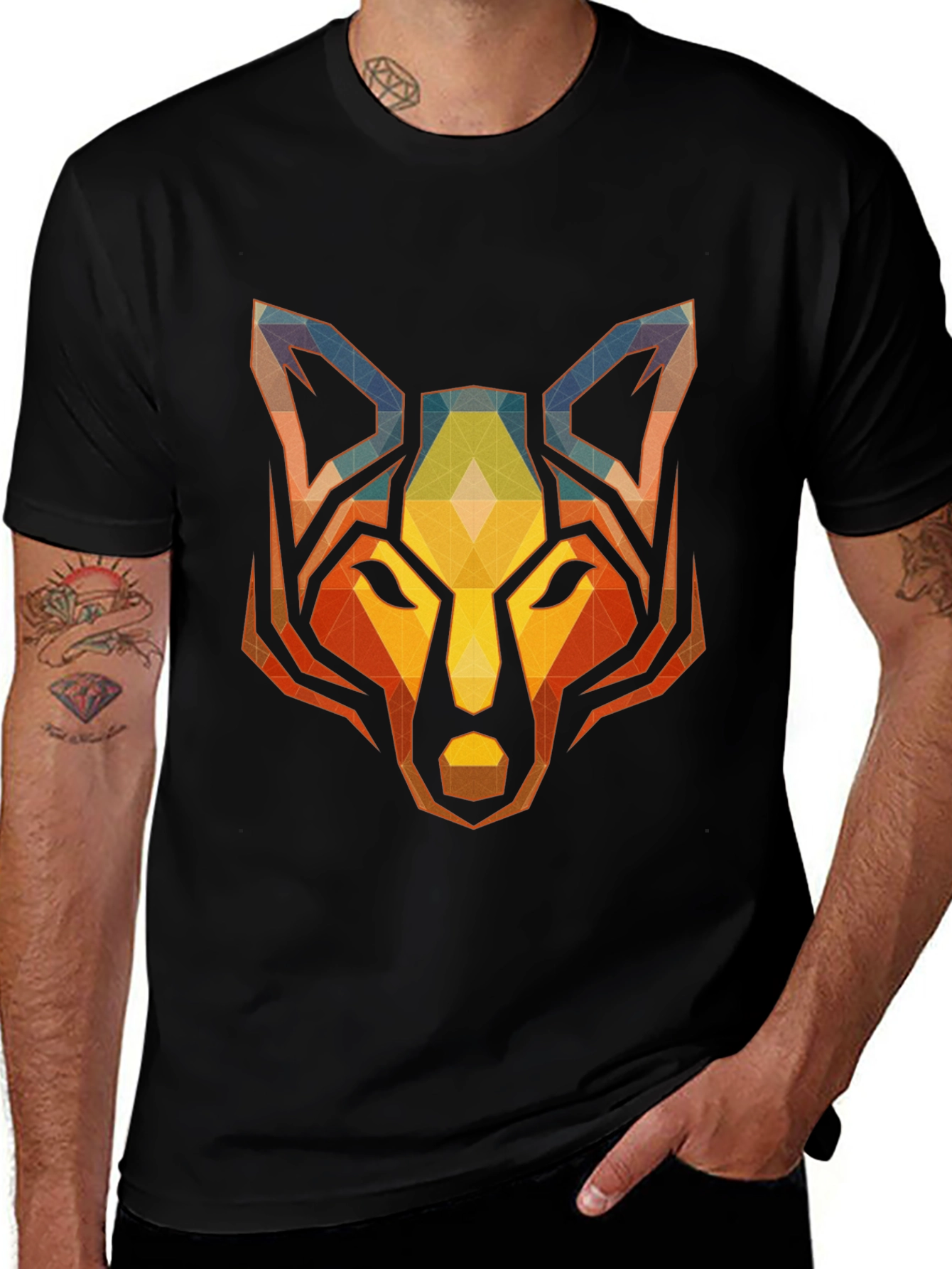 Geometric Wolf Graphic Tee - Stylish Mens Black T-Shirt
