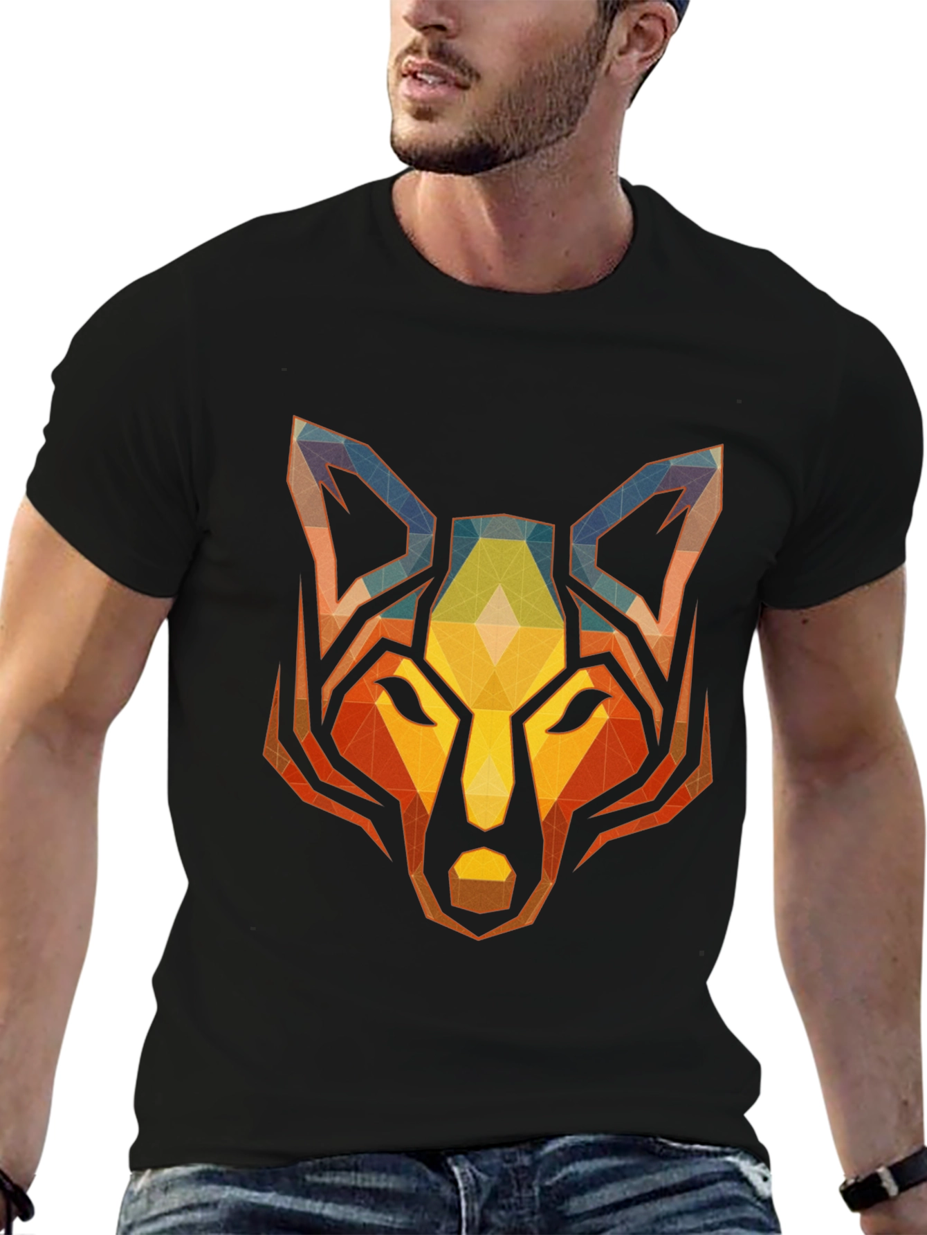 Geometric Wolf Graphic Tee - Stylish Mens Black T-Shirt