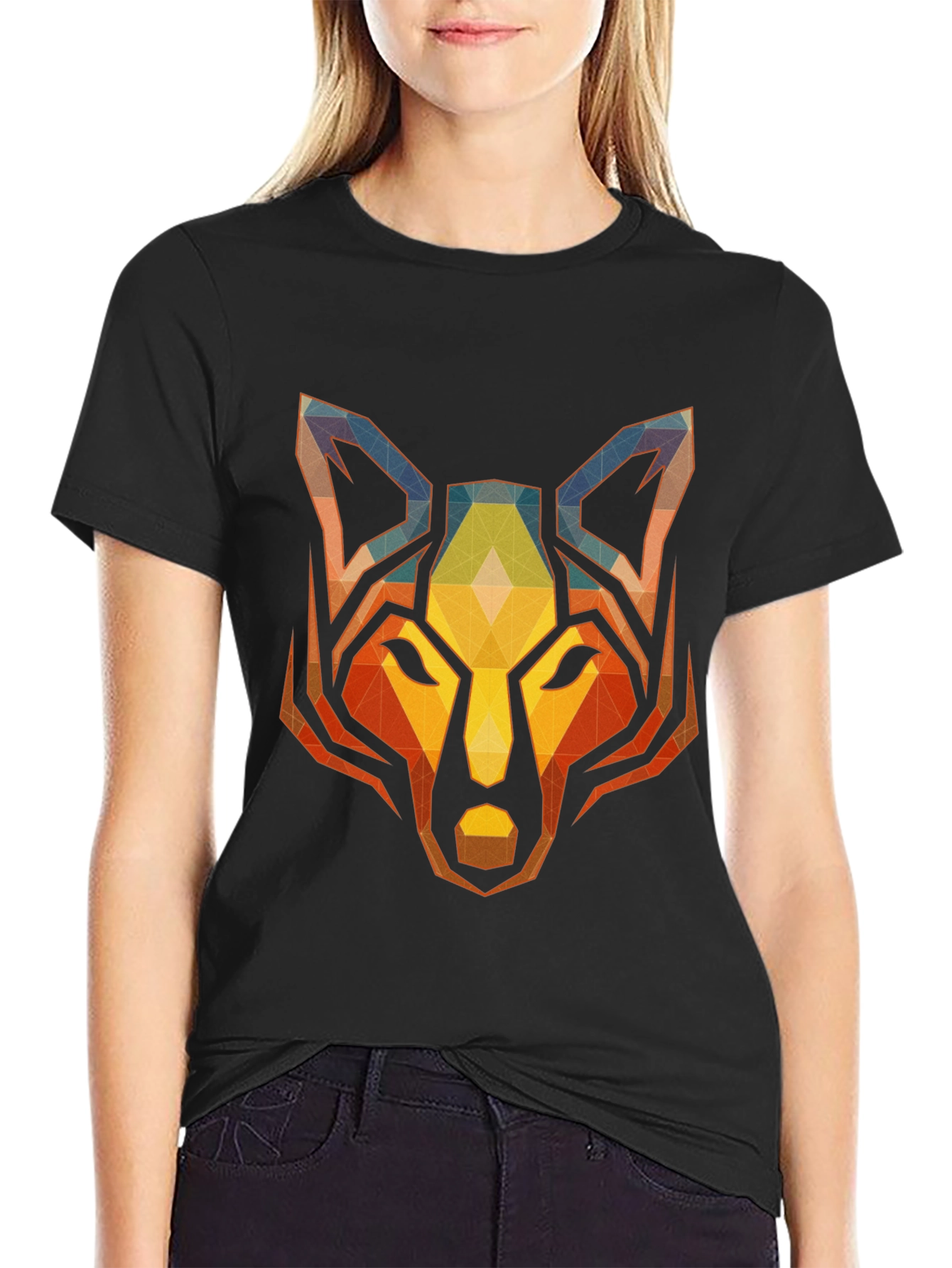 Geometric Wolf Graphic Tee - Stylish Mens Black T-Shirt