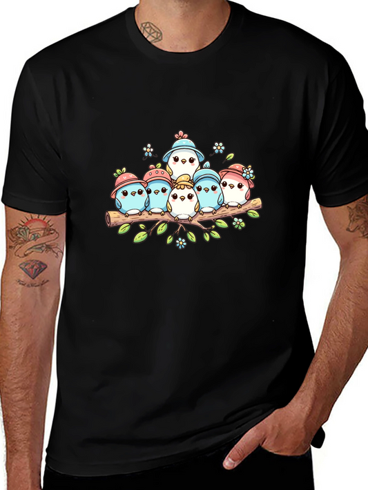 Cute Birds on Branch Graphic T-Shirt - Unisex Black Tee
