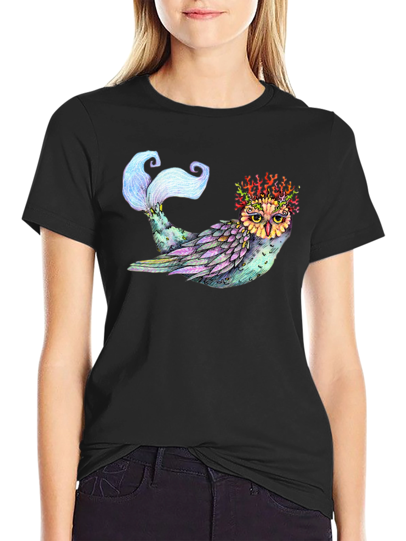 Mystical Owl Mermaid T-Shirt - Unique Fantasy Art