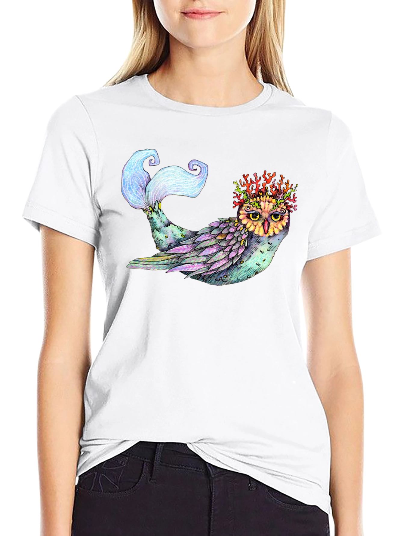 Mystical Owl Mermaid T-Shirt - Unique Fantasy Art