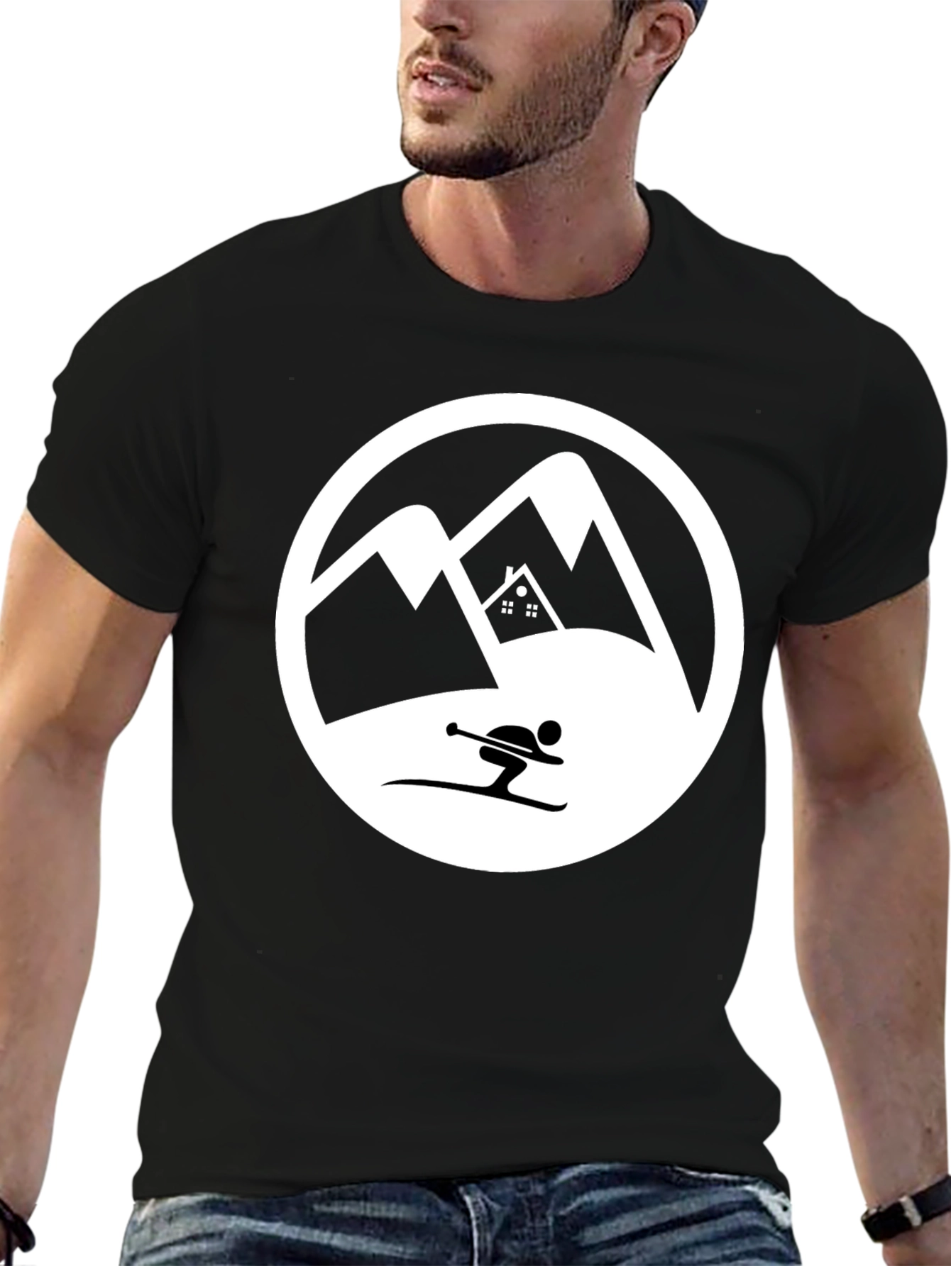 Mountain Skiing Graphic Tee - Black Cotton T-Shirt