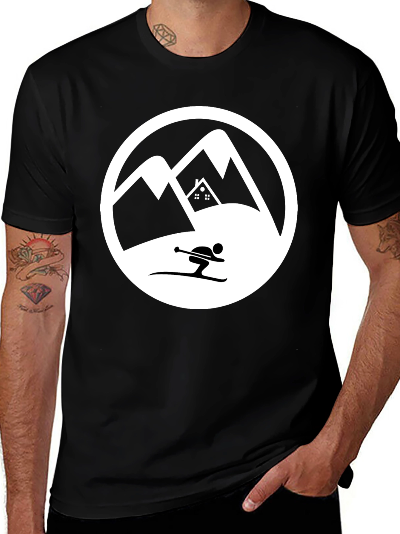 Mountain Skiing Graphic Tee - Black Cotton T-Shirt