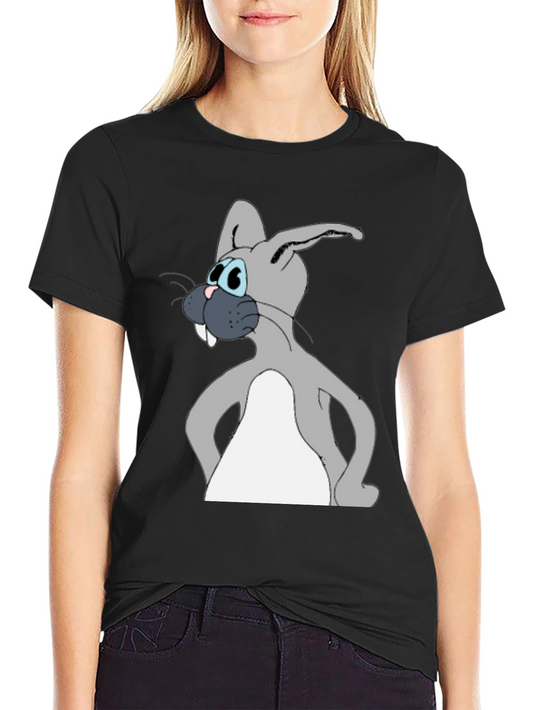 Cartoon Rabbit Graphic Tee - Black Cotton Blend