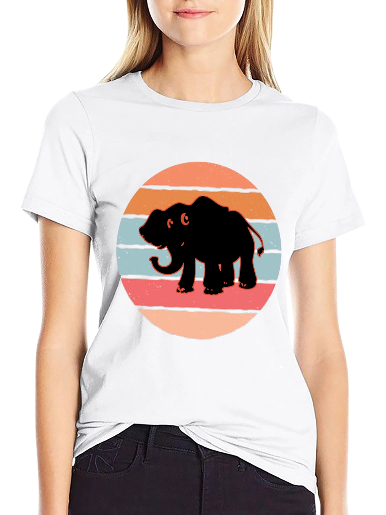 Elephant Sunset Retro T-Shirt - Black