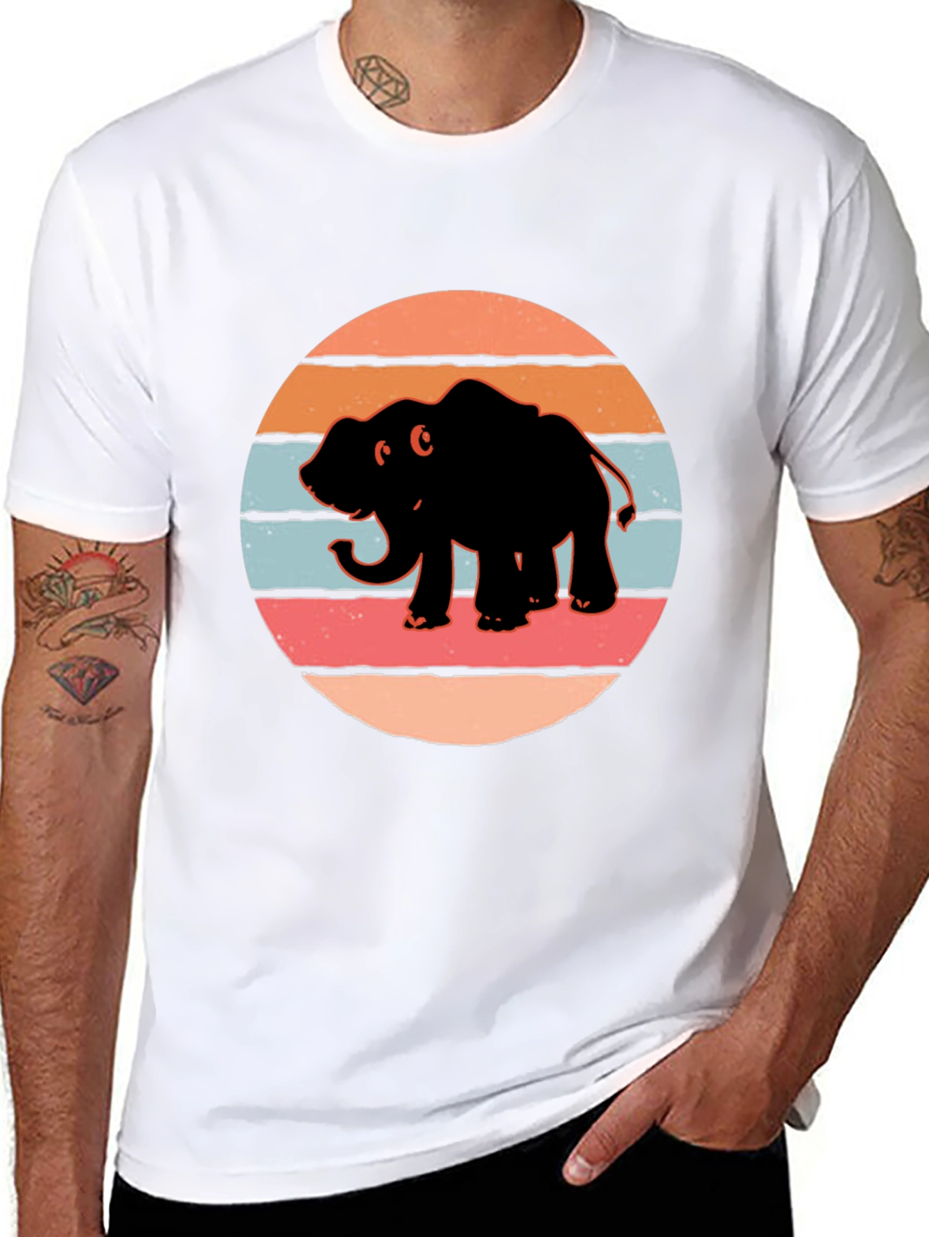 Elephant Sunset Retro T-Shirt - Black