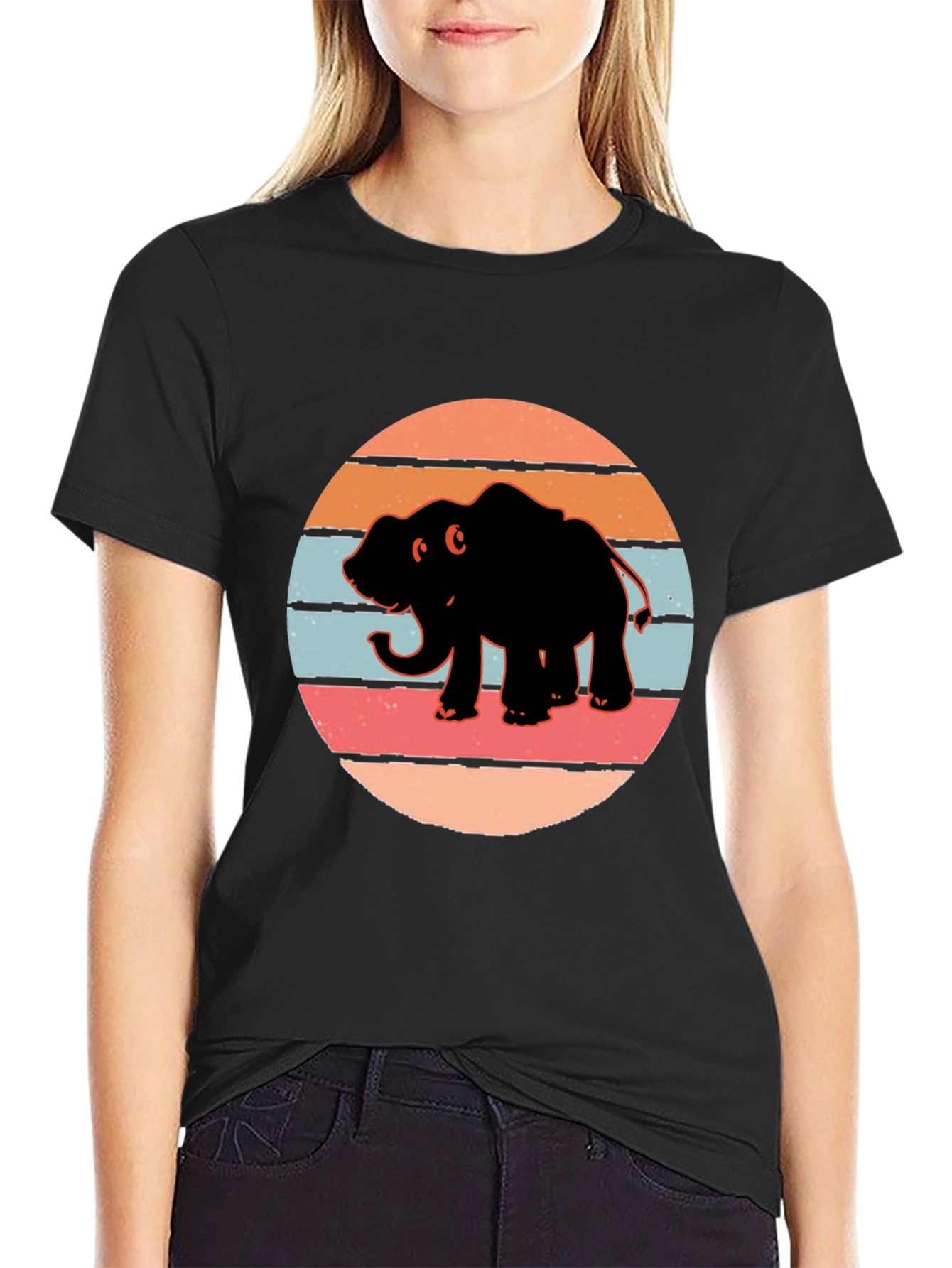 Elephant Sunset Retro T-Shirt - Black