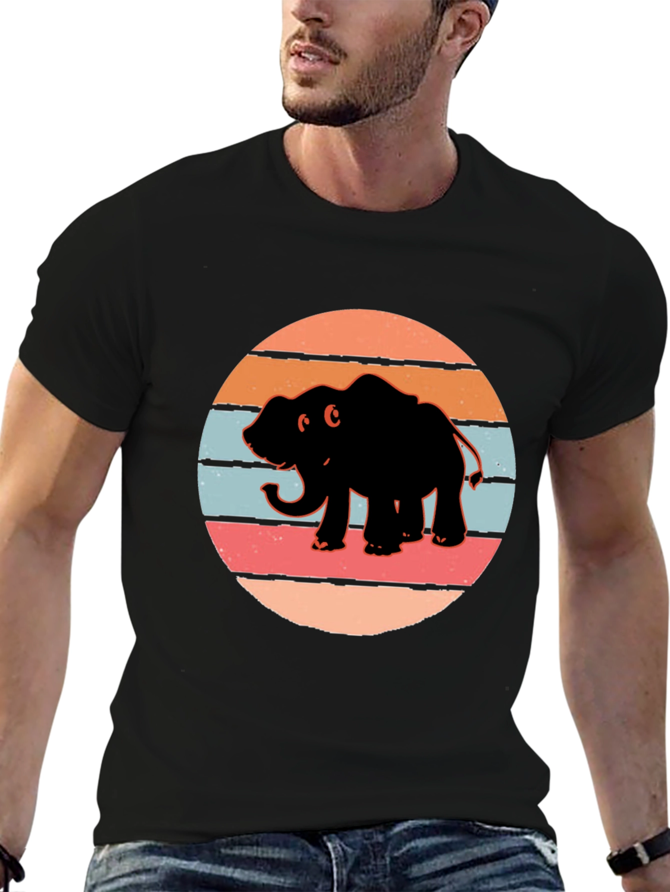 Elephant Sunset Retro T-Shirt - Black