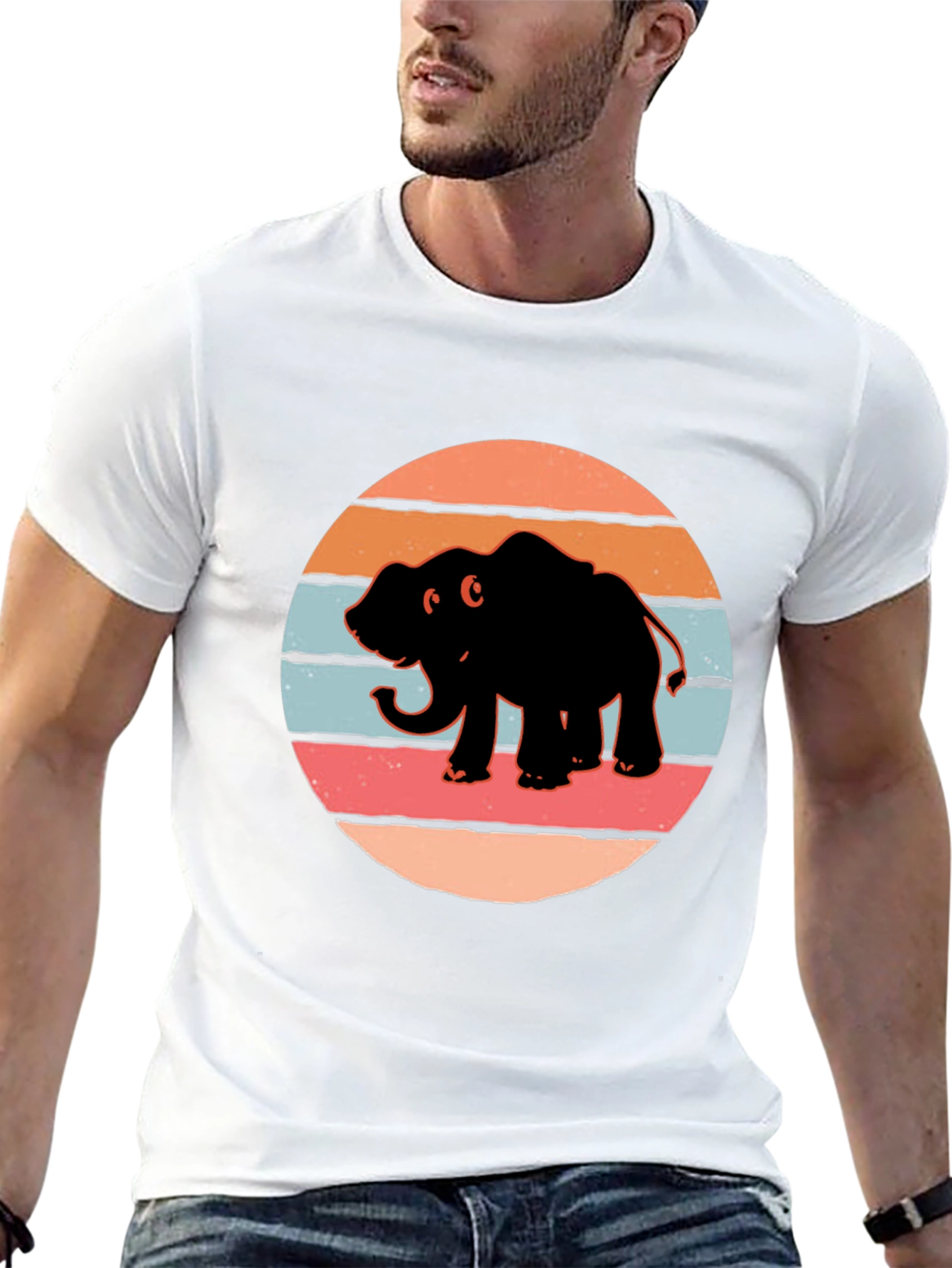 Elephant Sunset Retro T-Shirt - Black