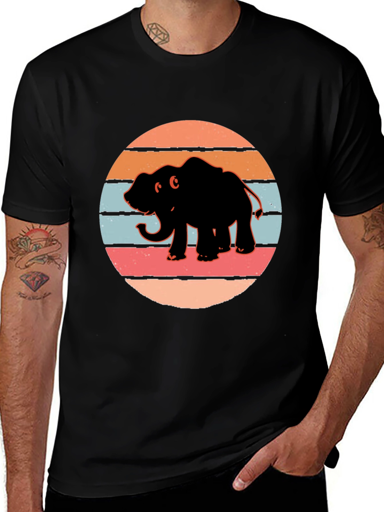 Elephant Sunset Retro T-Shirt - Black
