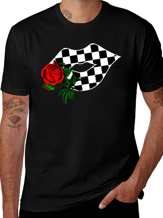 Checkered Lips with Rose Graphic Tee - Stylish Unisex Shirt