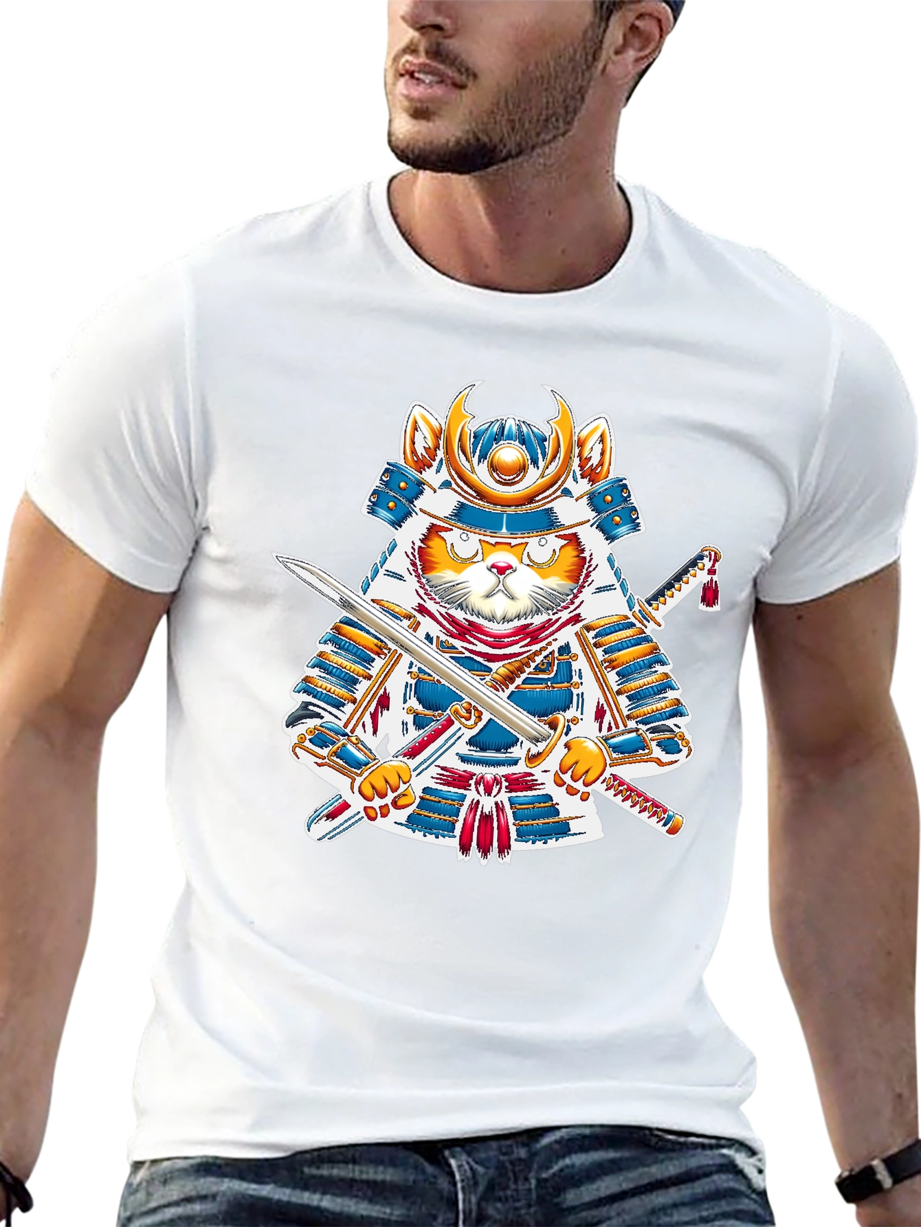 Samurai Cat T-Shirt - Warrior Kitten Graphic Tee
