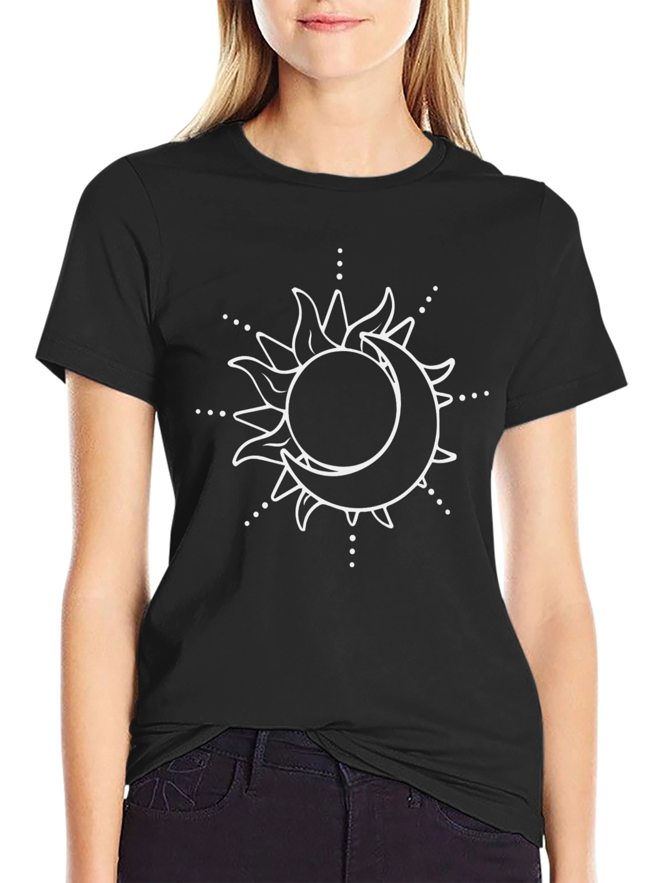 Celestial Sun and Moon Graphic T-Shirt - Black