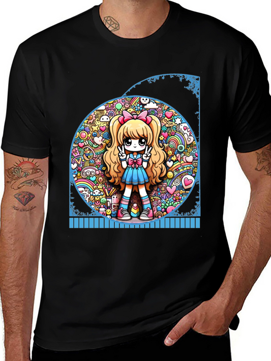 Anime Girl Graphic Tee - Kawaii Style Black T-Shirt