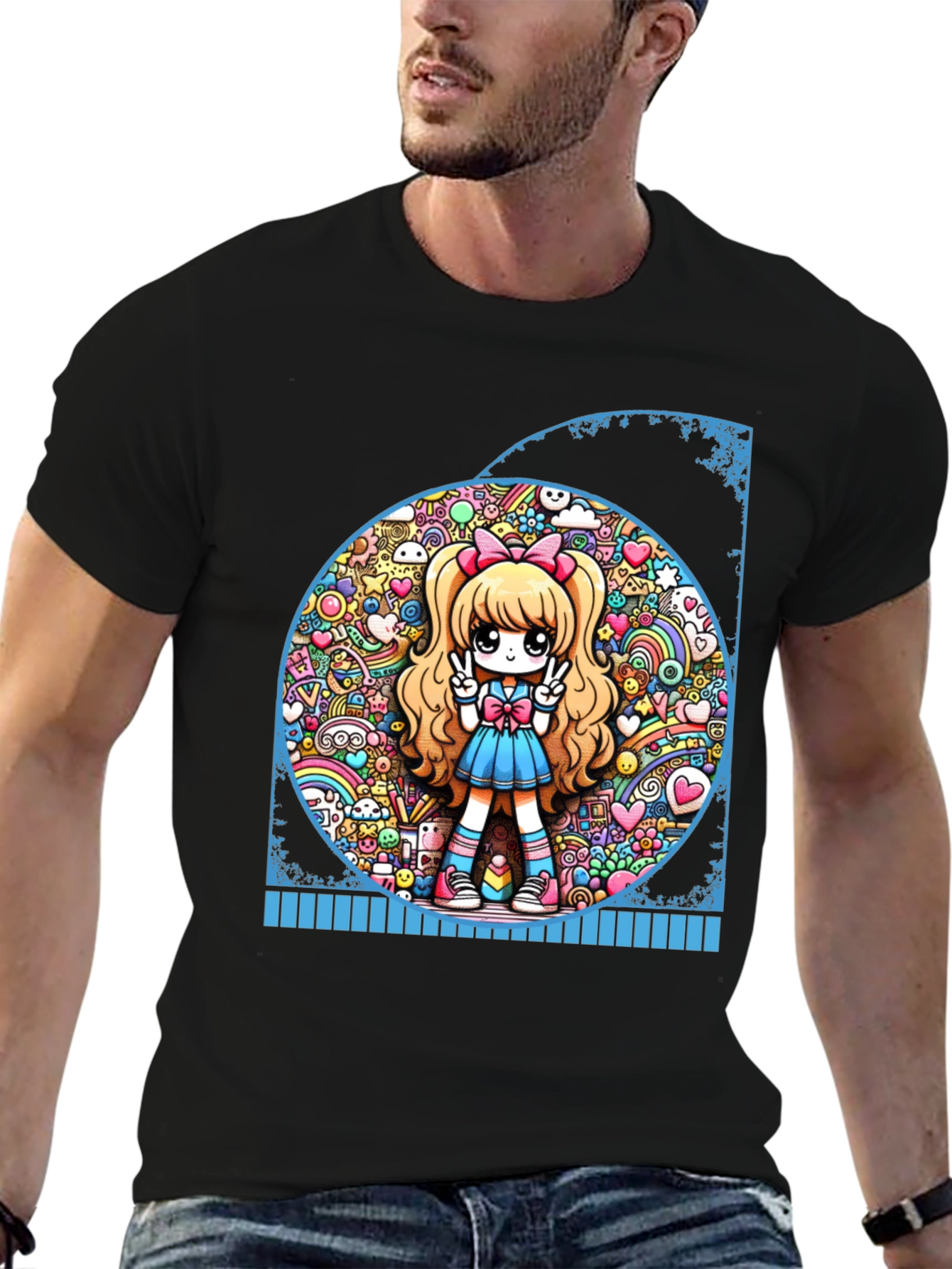 Anime Girl Graphic Tee - Kawaii Style Black T-Shirt