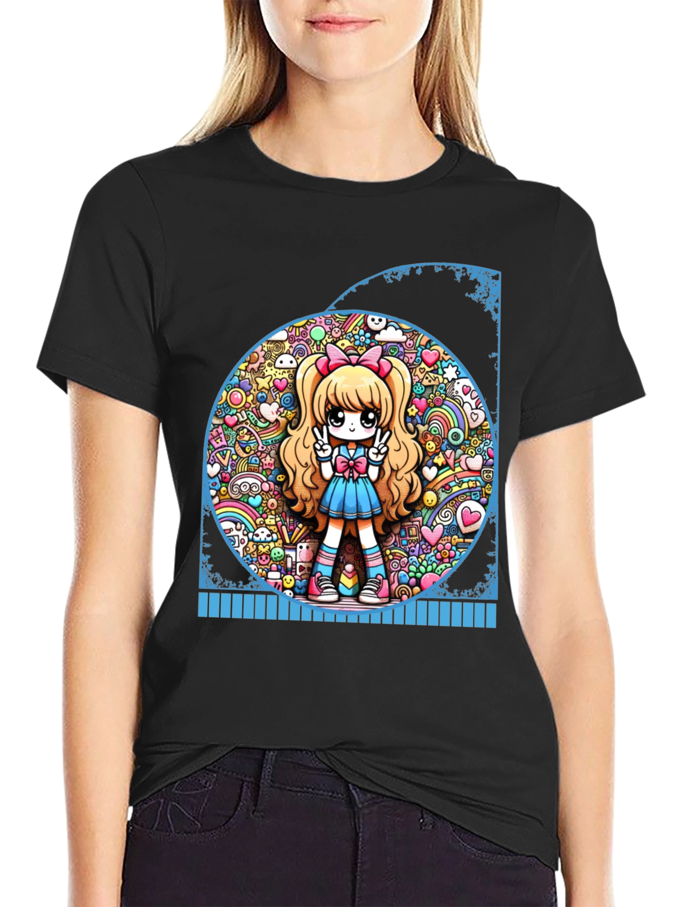 Anime Girl Graphic Tee - Kawaii Style Black T-Shirt