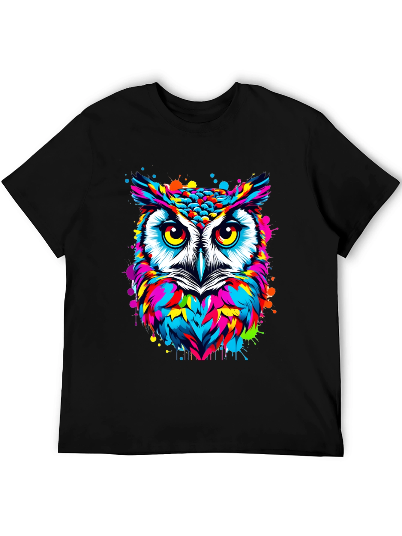 Vibrant Owl Graphic Print Black T-Shirt