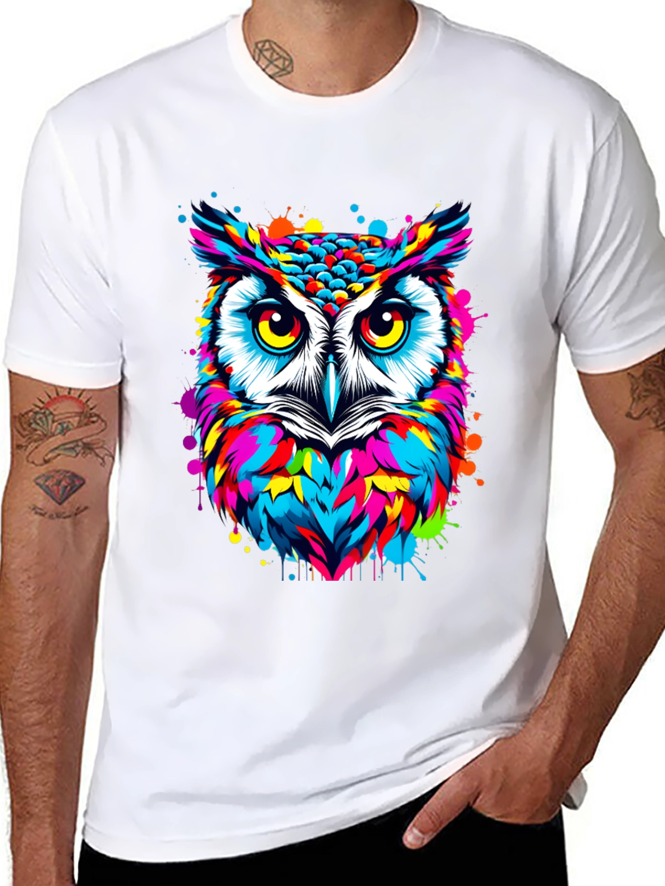Vibrant Owl Graphic Print Black T-Shirt