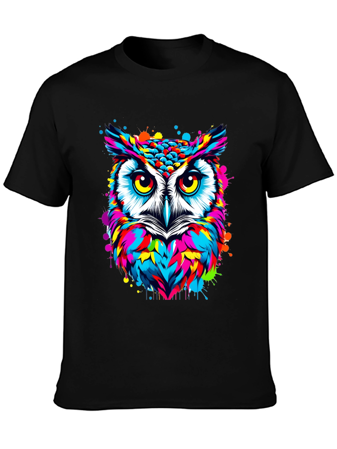 Vibrant Owl Graphic Print Black T-Shirt