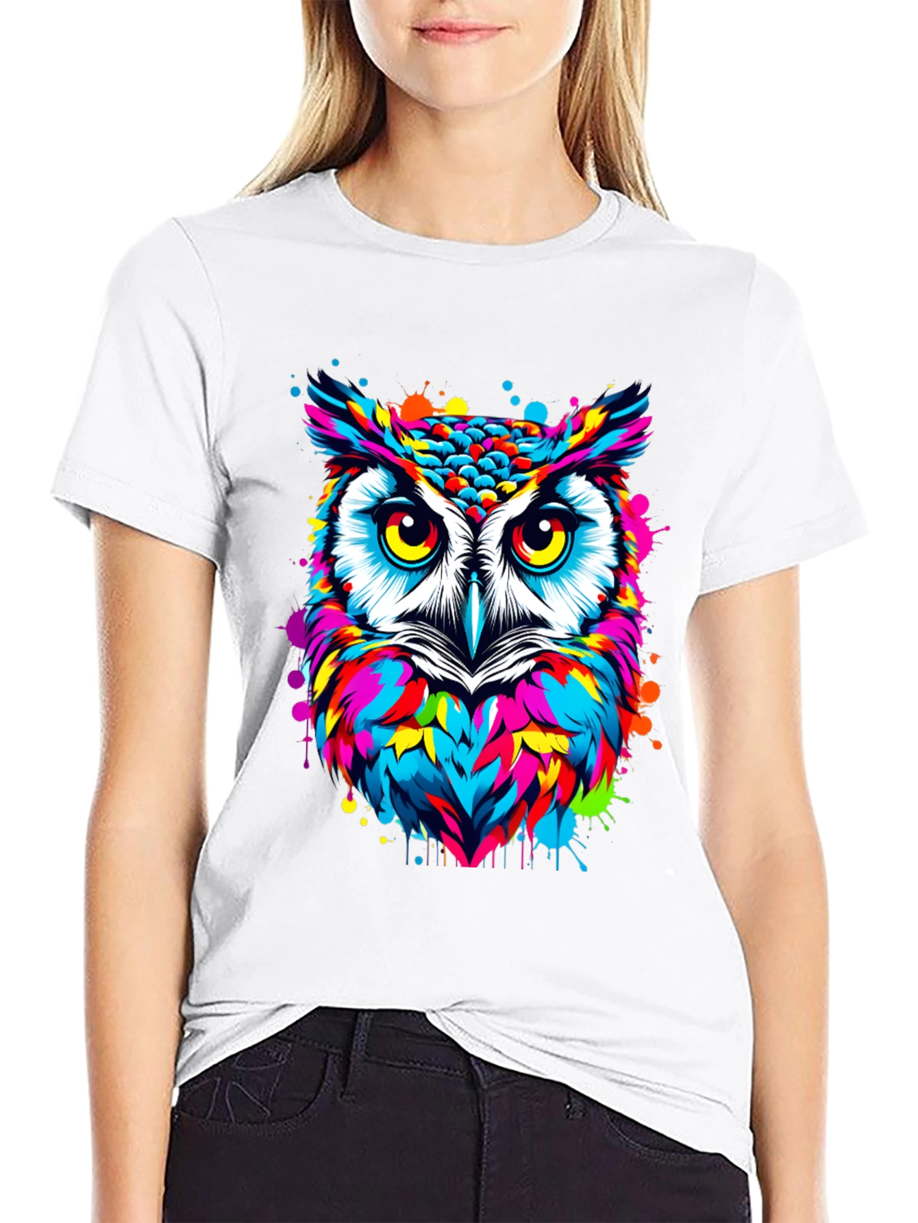Vibrant Owl Graphic Print Black T-Shirt