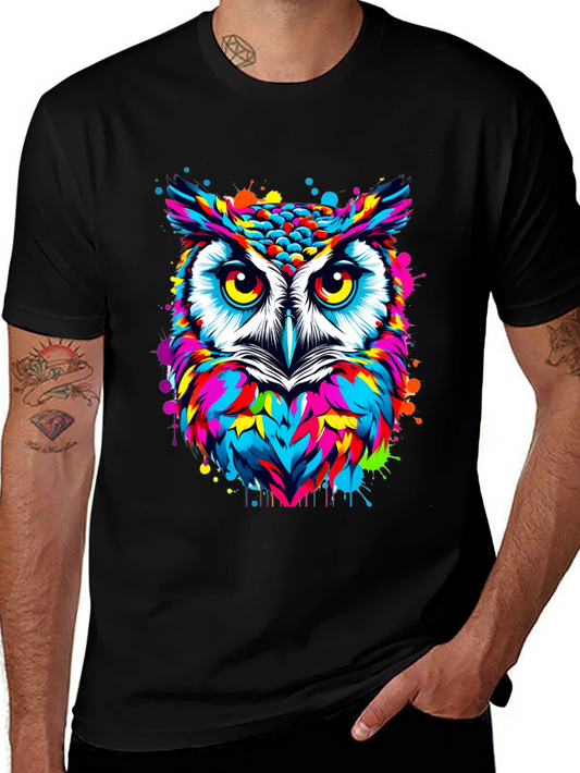 Vibrant Owl Graphic Print Black T-Shirt