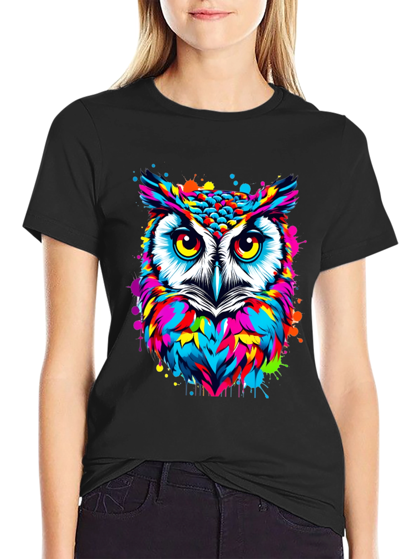 Vibrant Owl Graphic Print Black T-Shirt