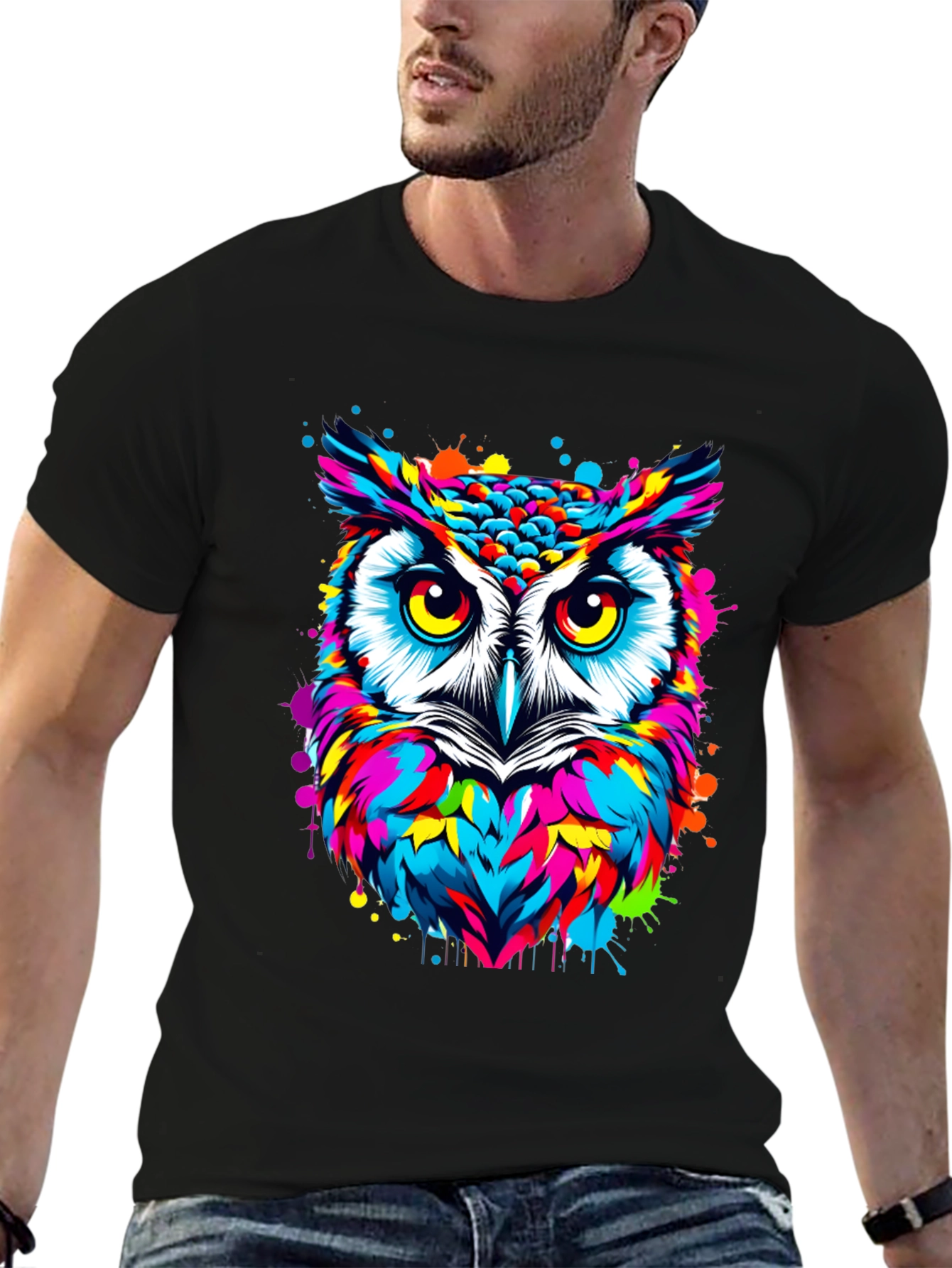 Vibrant Owl Graphic Print Black T-Shirt
