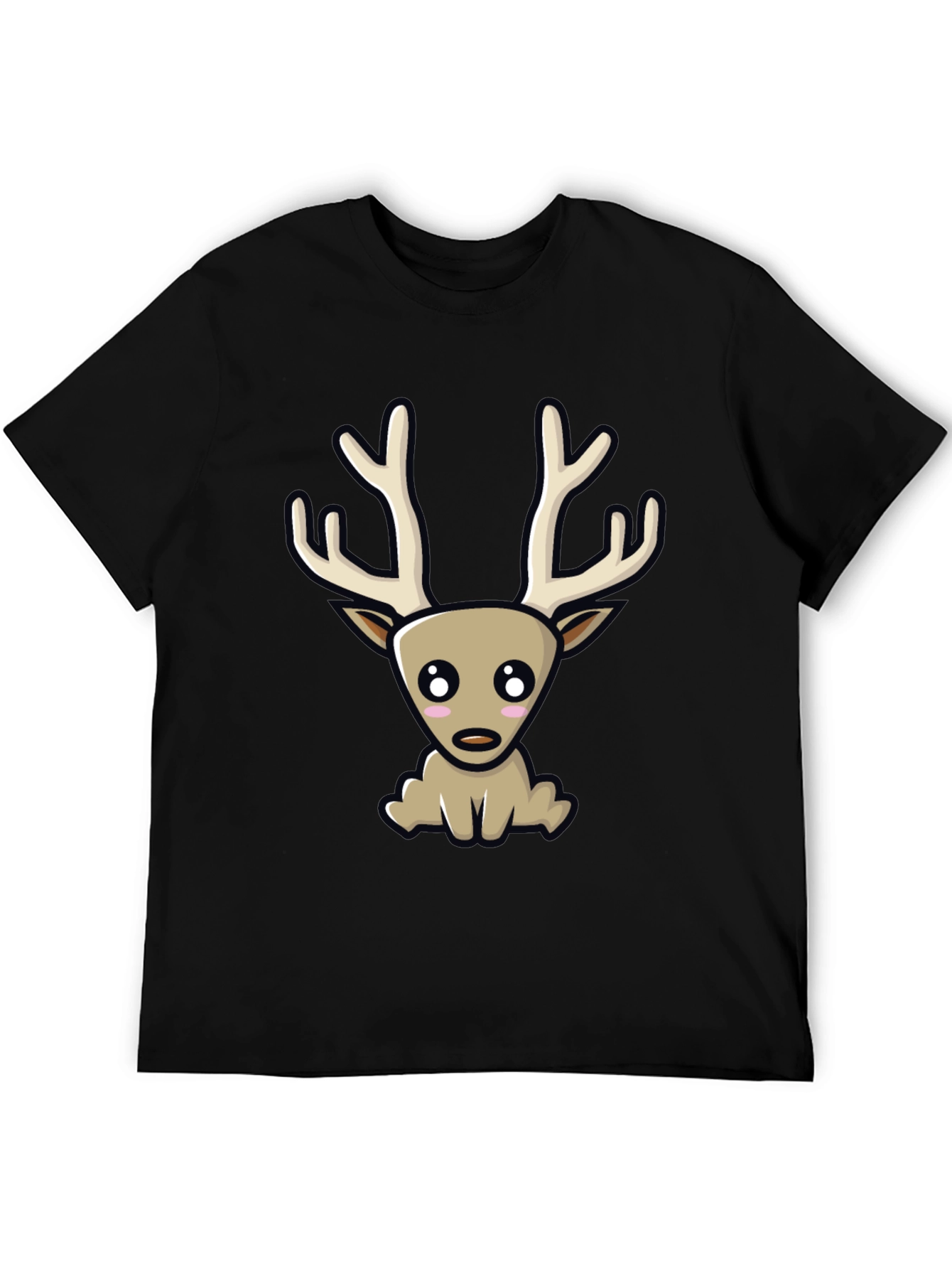 Cute Cartoon Deer Graphic Tee - Black Cotton Blend