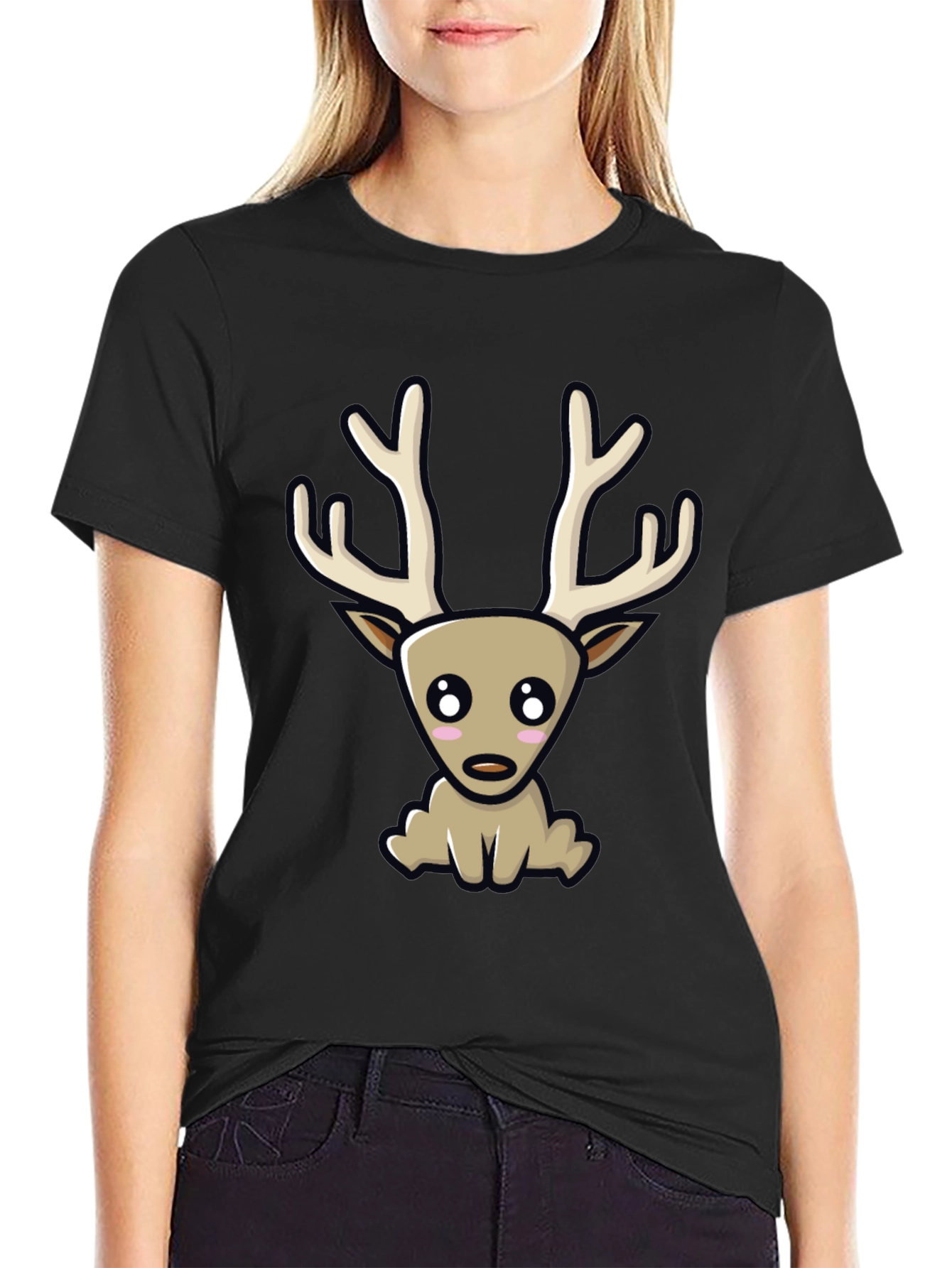 Cute Cartoon Deer Graphic Tee - Black Cotton Blend