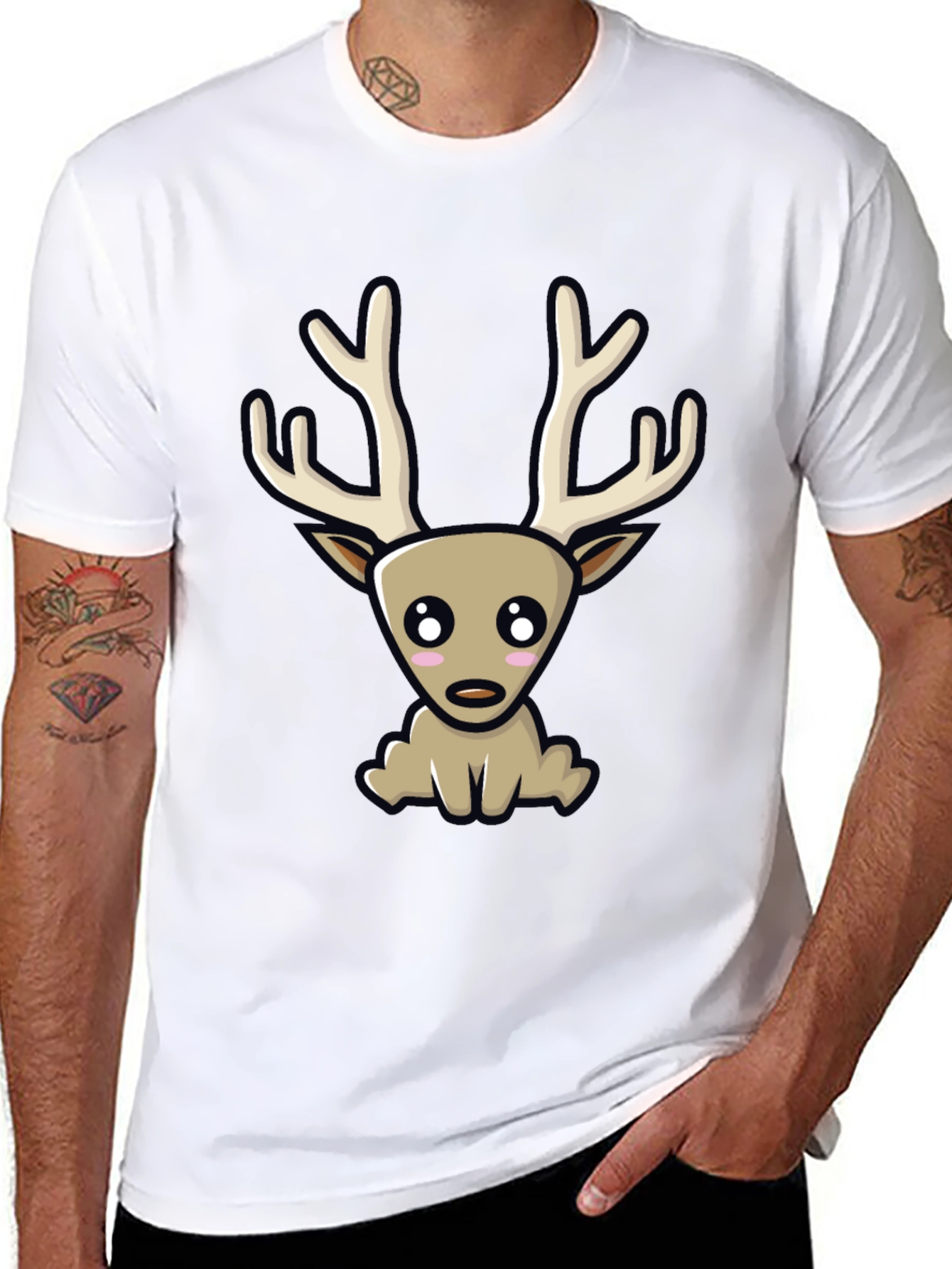 Cute Cartoon Deer Graphic Tee - Black Cotton Blend