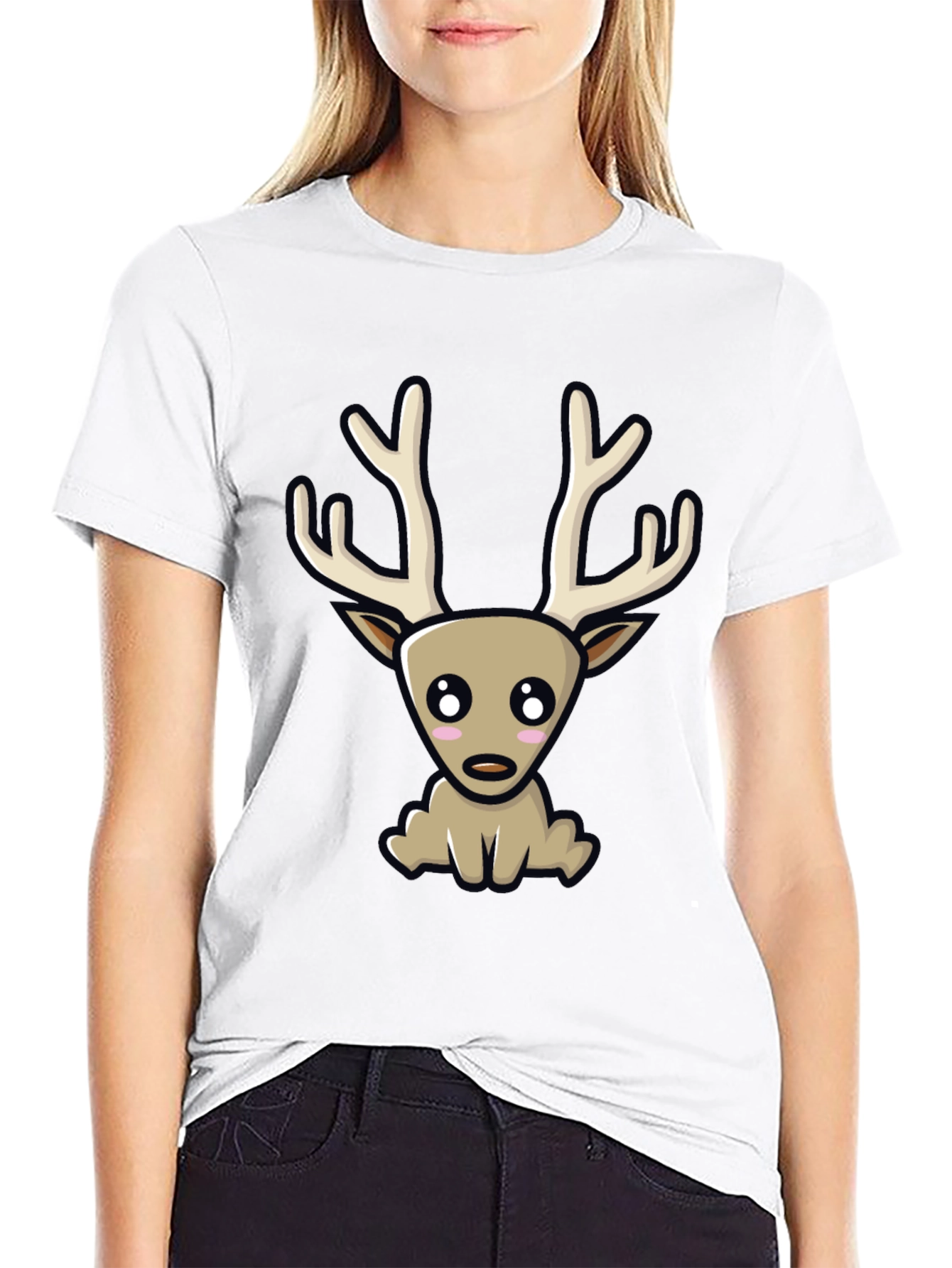 Cute Cartoon Deer Graphic Tee - Black Cotton Blend