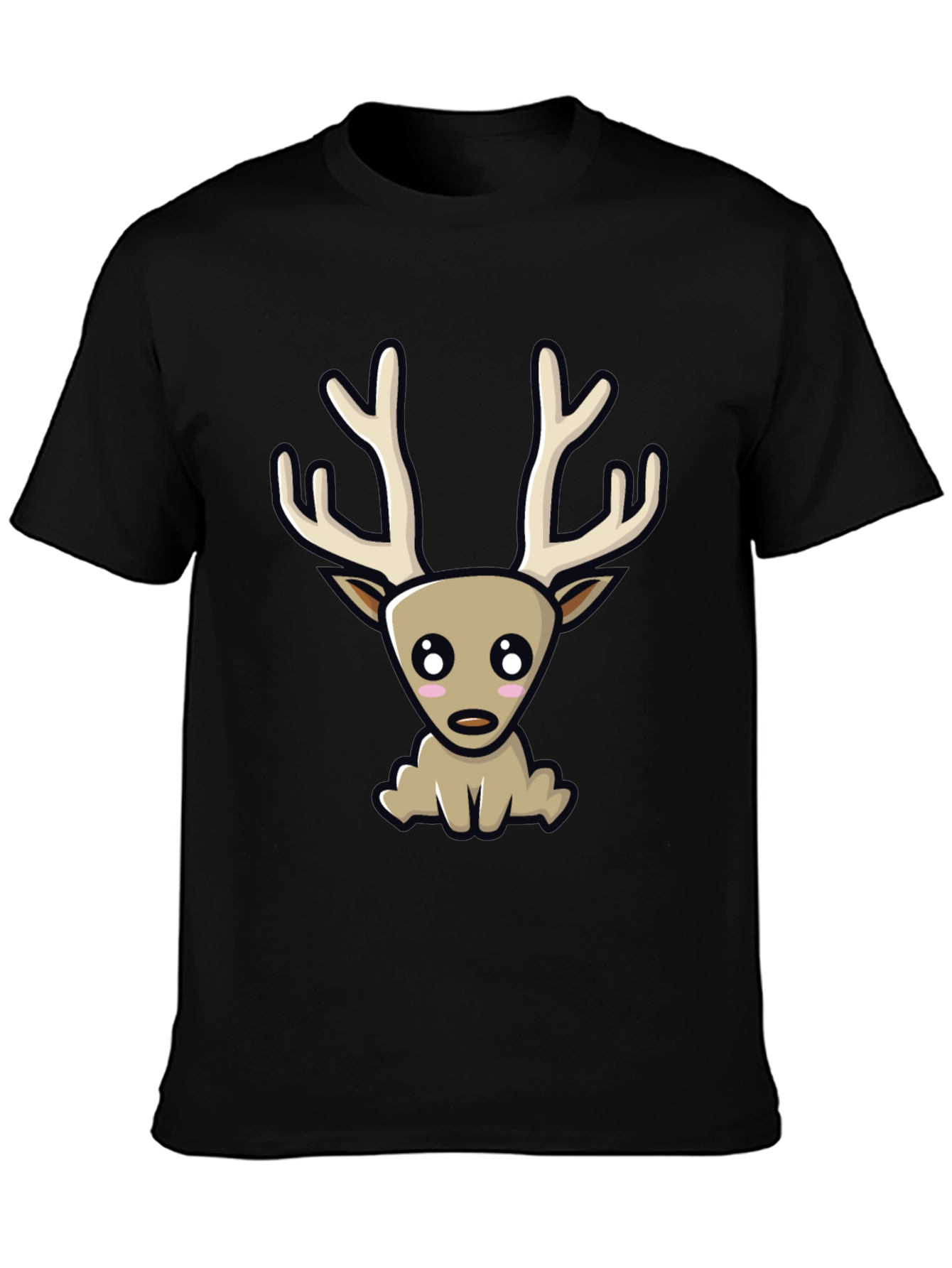 Cute Cartoon Deer Graphic Tee - Black Cotton Blend