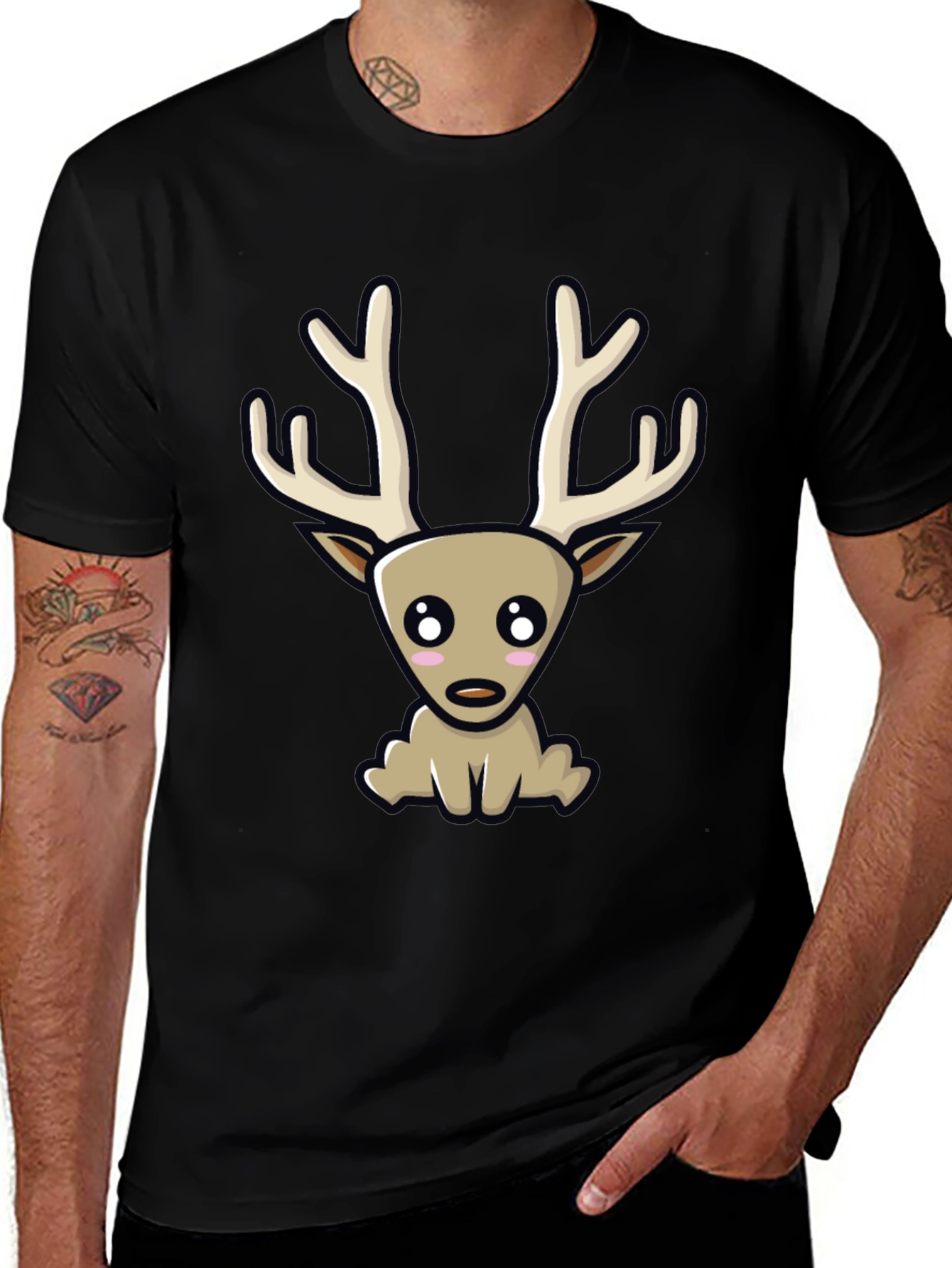 Cute Cartoon Deer Graphic Tee - Black Cotton Blend