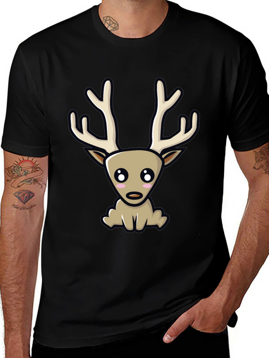 Cute Cartoon Deer Graphic Tee - Black Cotton Blend