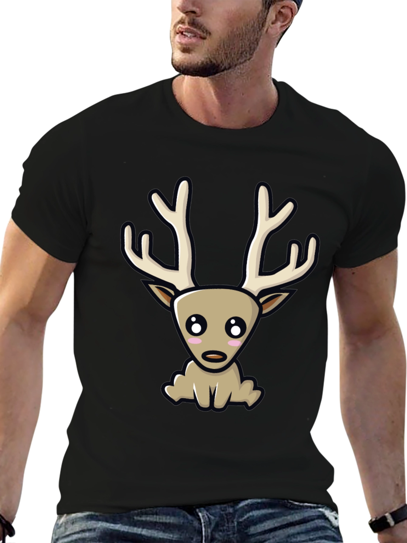 Cute Cartoon Deer Graphic Tee - Black Cotton Blend