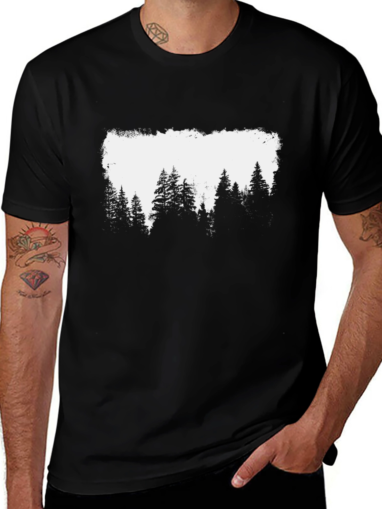 Forest Silhouette Graphic Tee - Black Cotton Blend