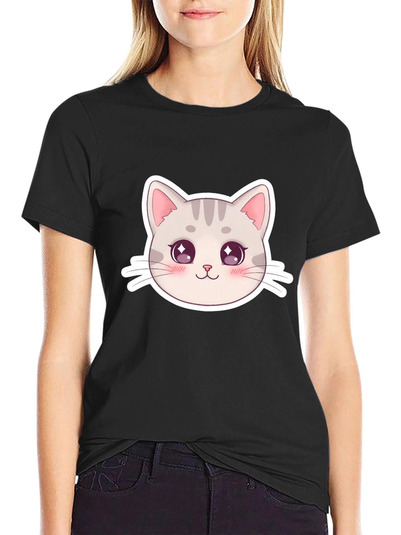 Cute Cat Face Graphic Black T-Shirt