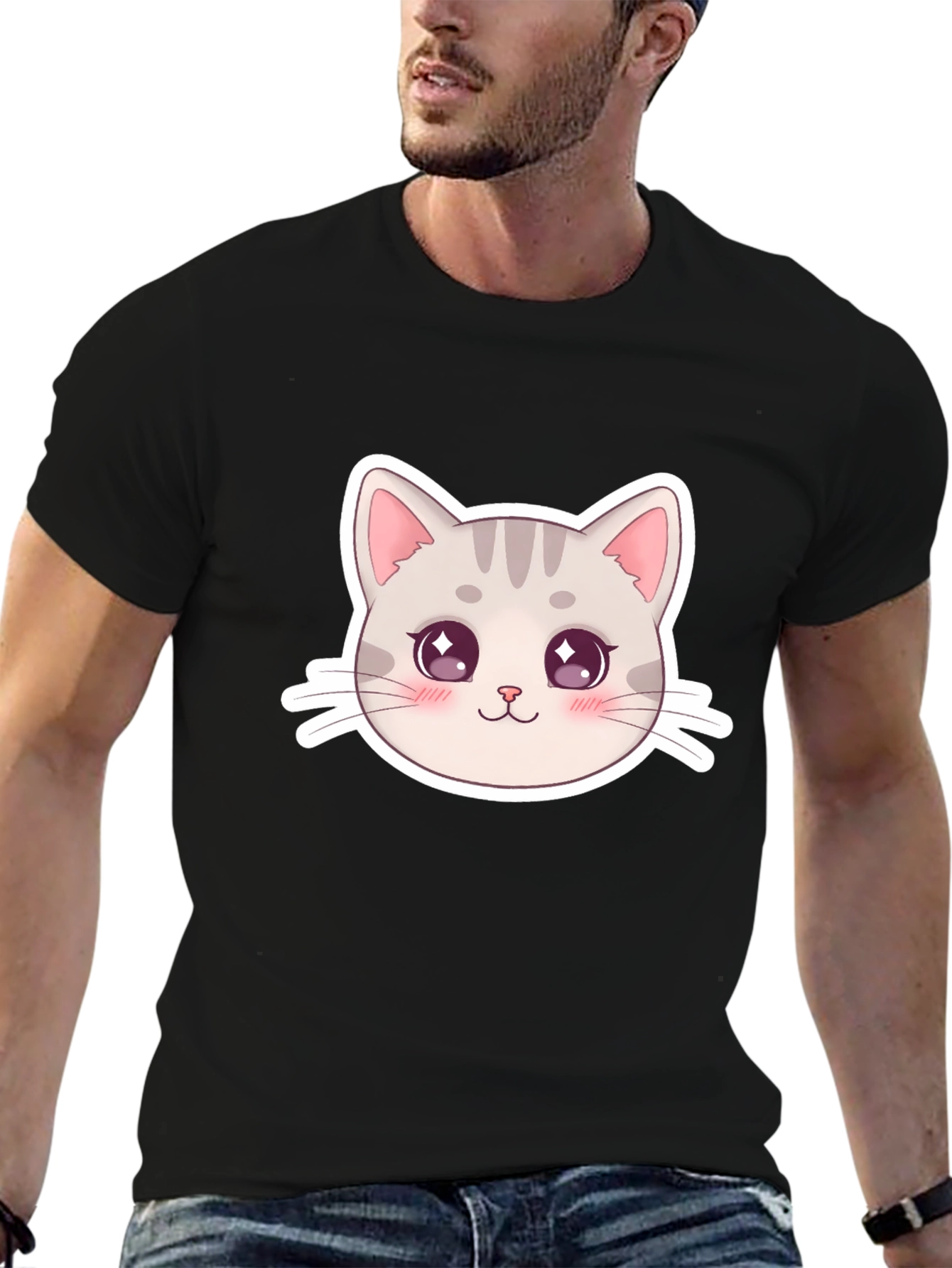 Cute Cat Face Graphic Black T-Shirt