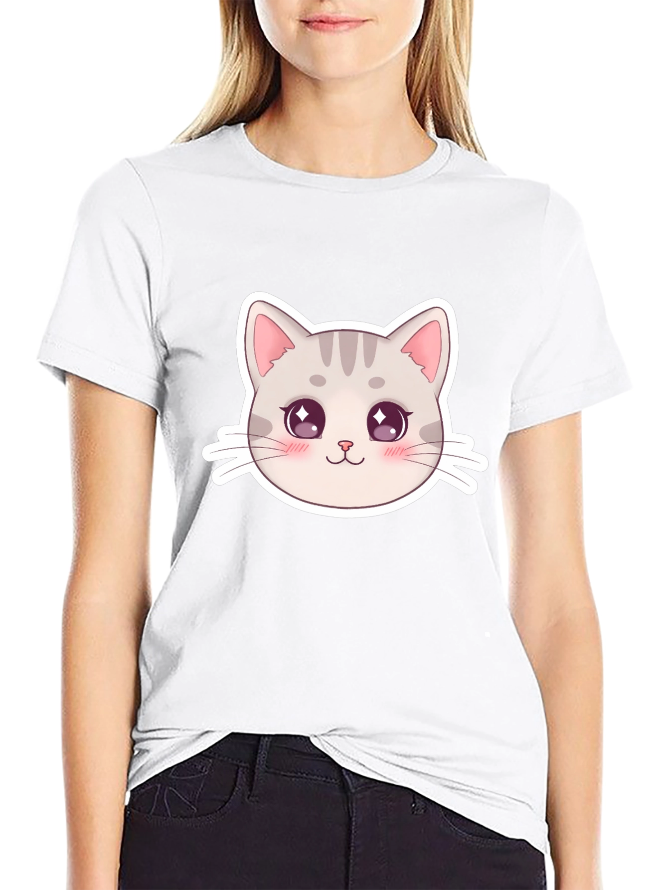 Cute Cat Face Graphic Black T-Shirt