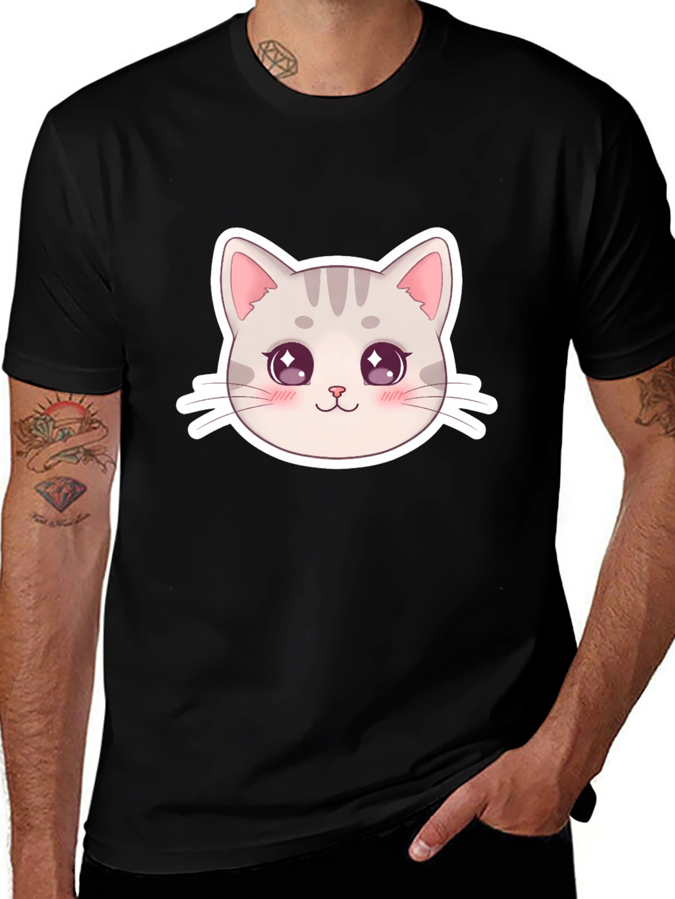 Cute Cat Face Graphic Black T-Shirt