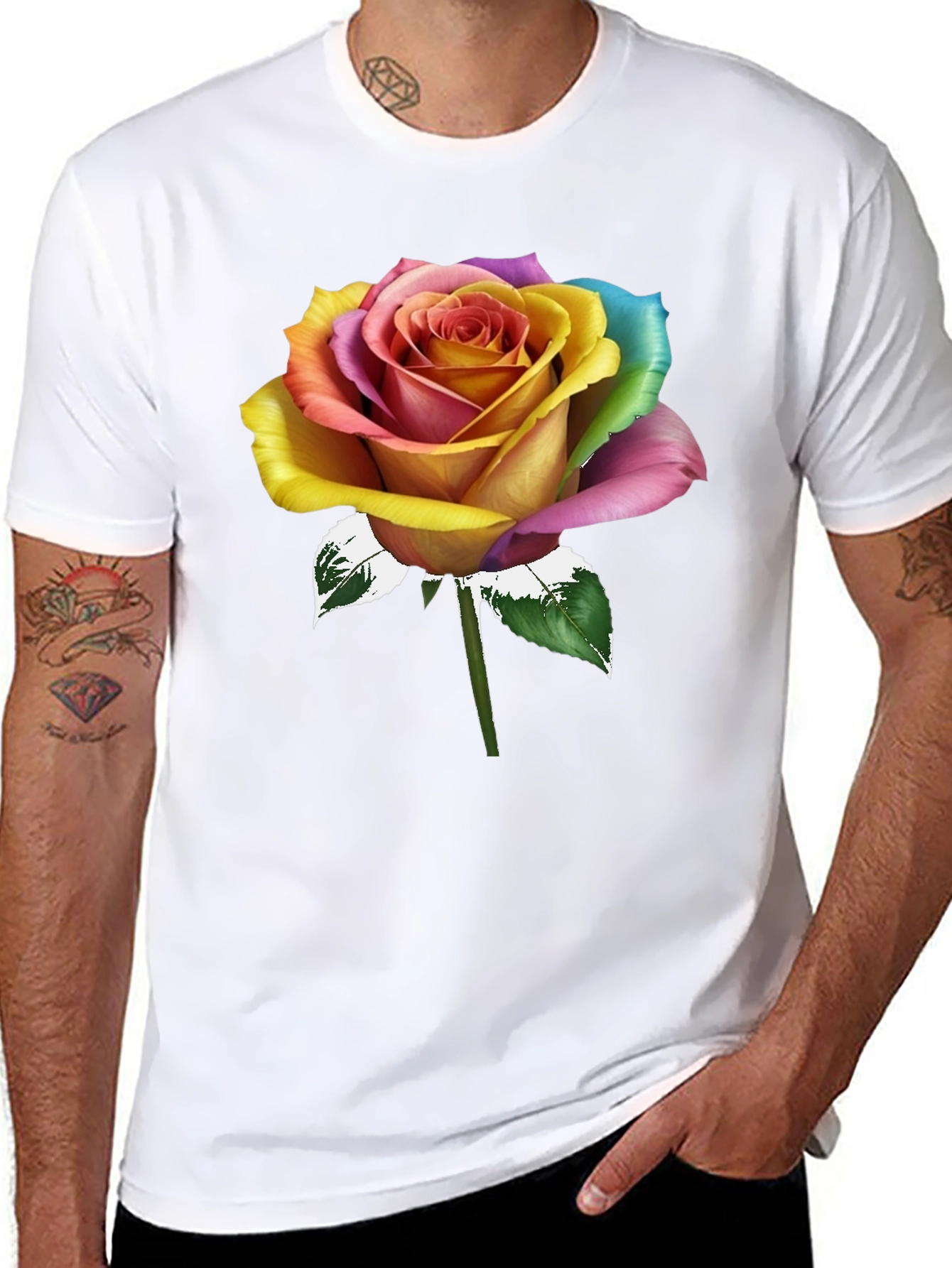 Rainbow Rose Graphic Tee - Stylish Mens T-Shirt