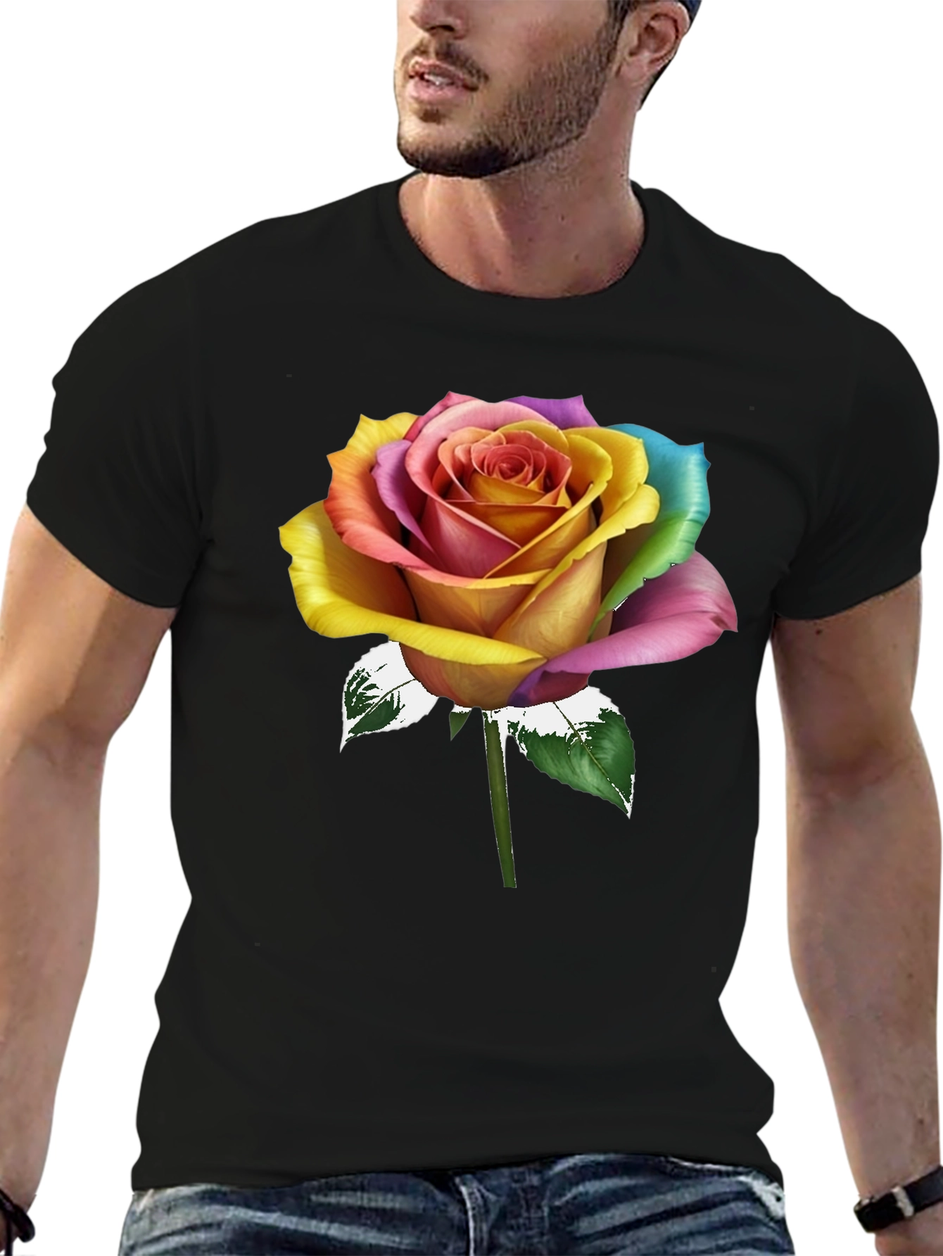 Rainbow Rose Graphic Tee - Stylish Mens T-Shirt