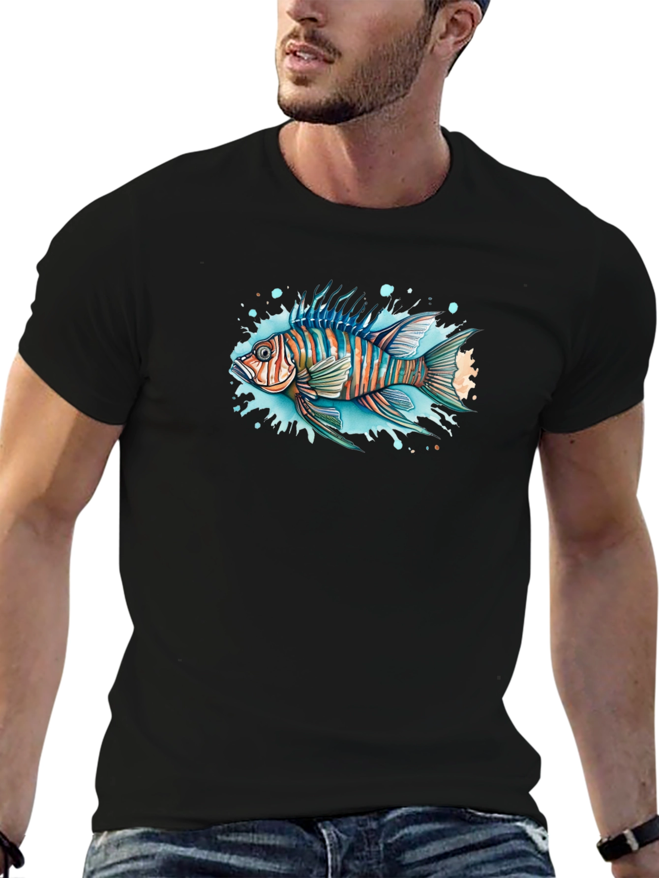 Striped Fish Graphic Black Tee