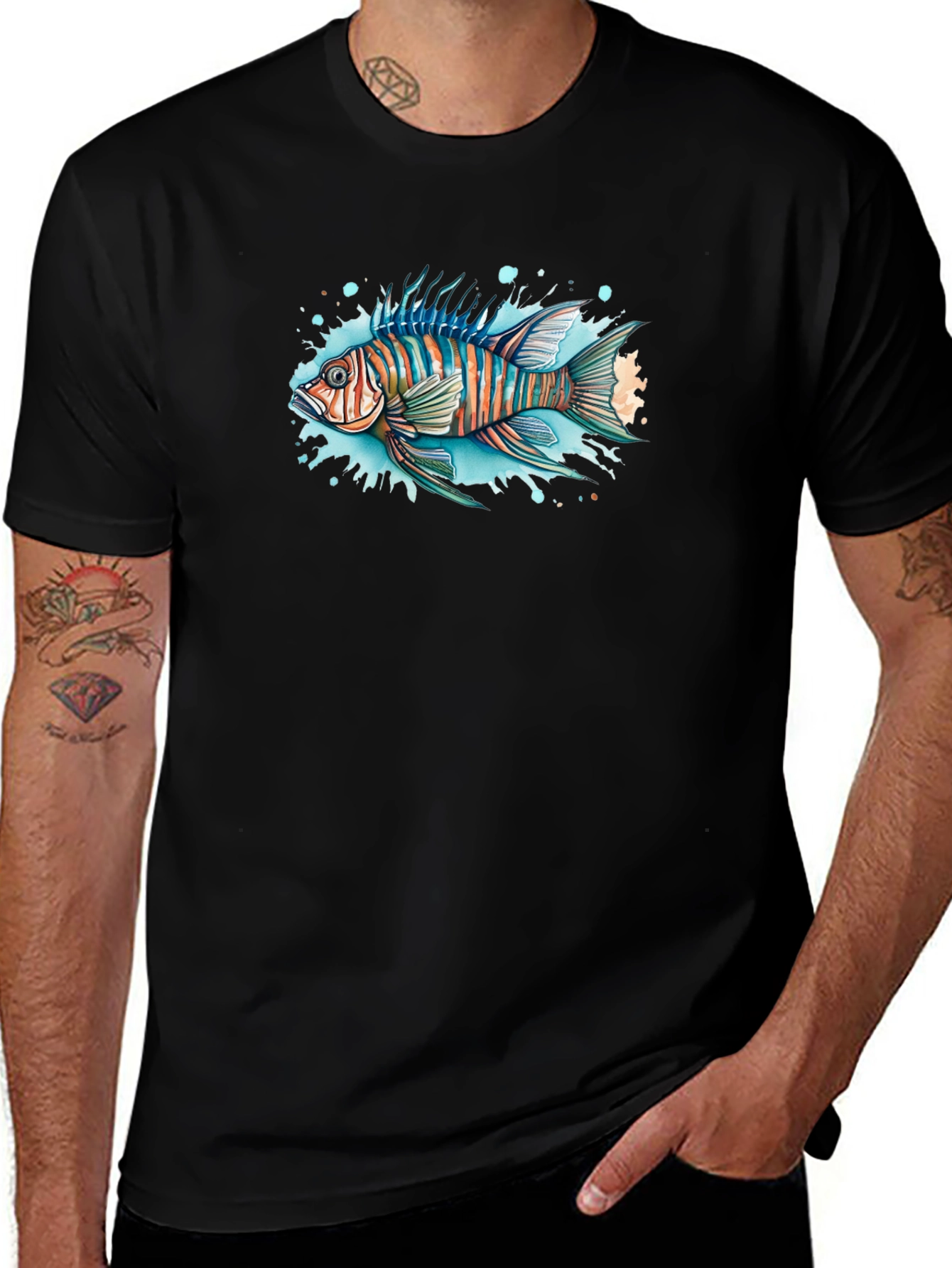 Striped Fish Graphic Black Tee