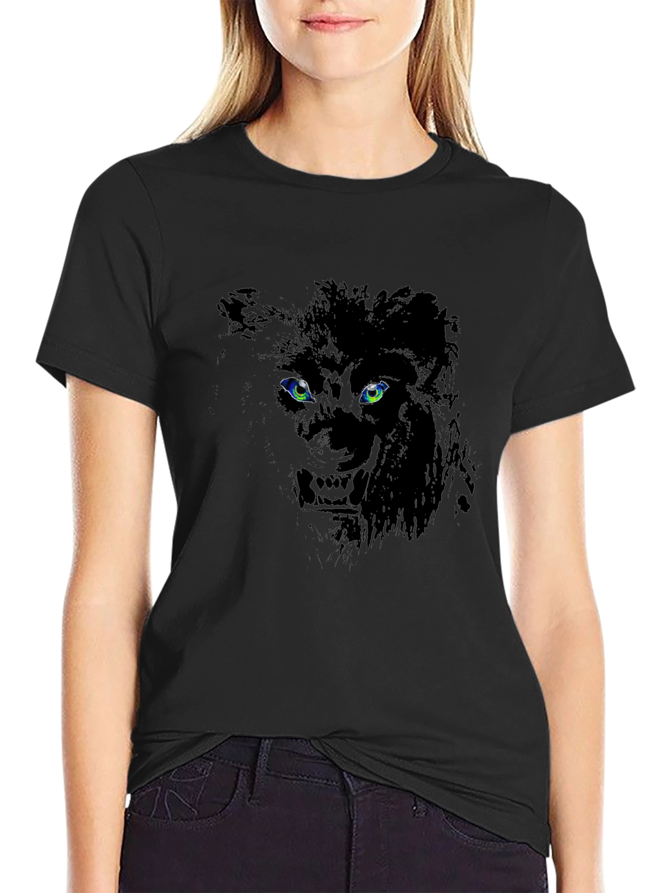 Lion Eyes Graphic Print Black T-Shirt